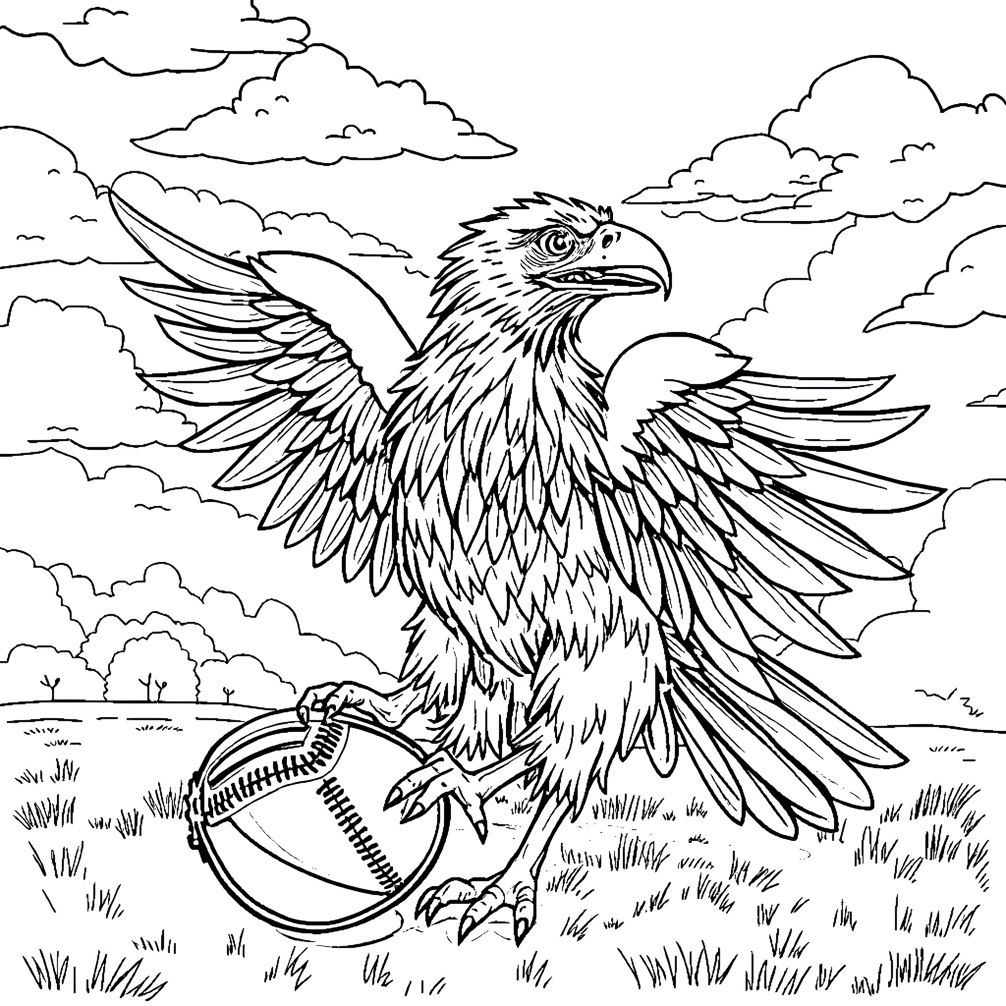 Griffin soaring high with football in the sky Coloring Page (free black-and-white line drawing printable PDF for all, from beginners to advanced learners, including children, teens, adults, and seniors)