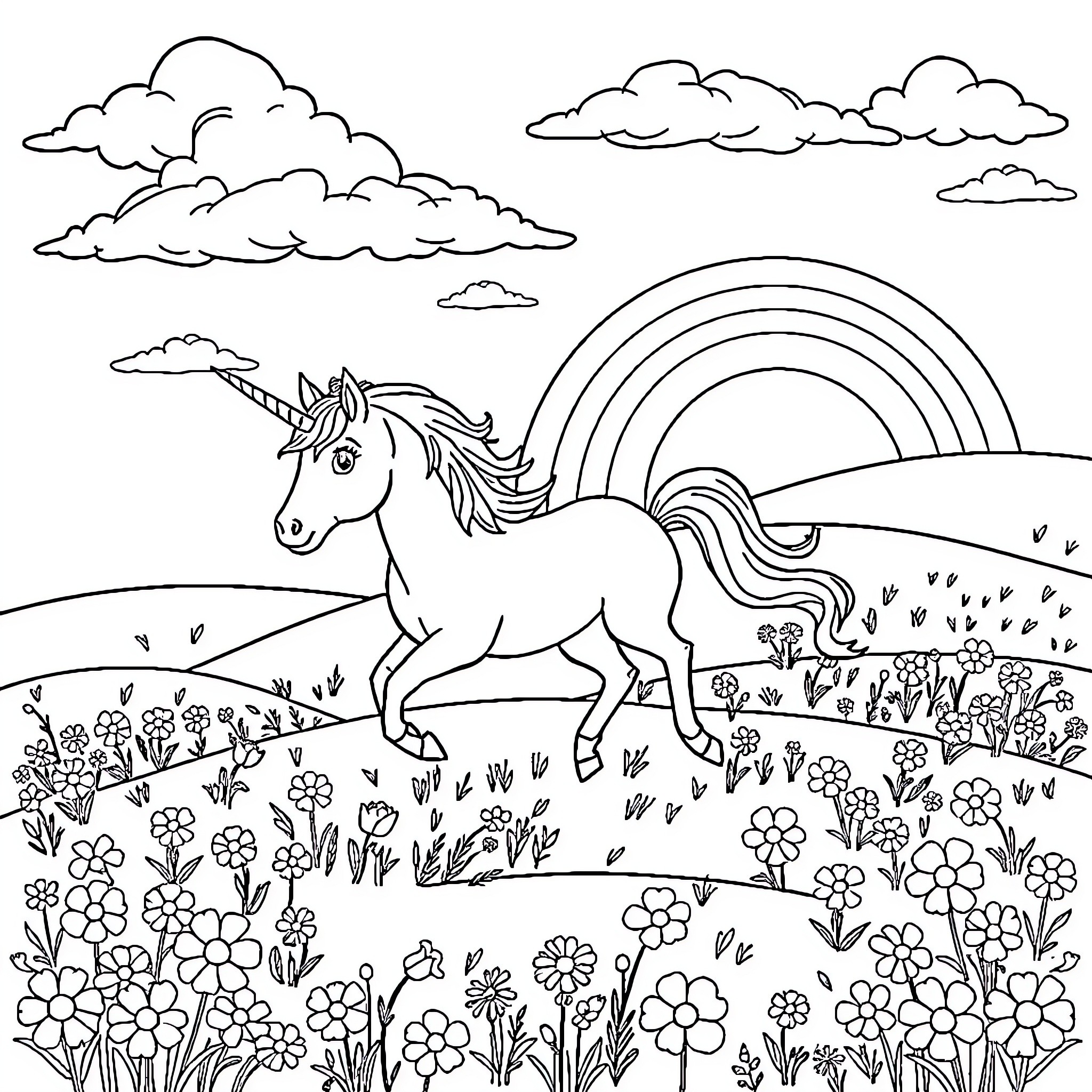 Unicorn prancing through a meadow of flowers Coloring Page (free black-and-white line drawing printable PDF for all, from beginners to advanced learners, including children, teens, adults, and seniors)