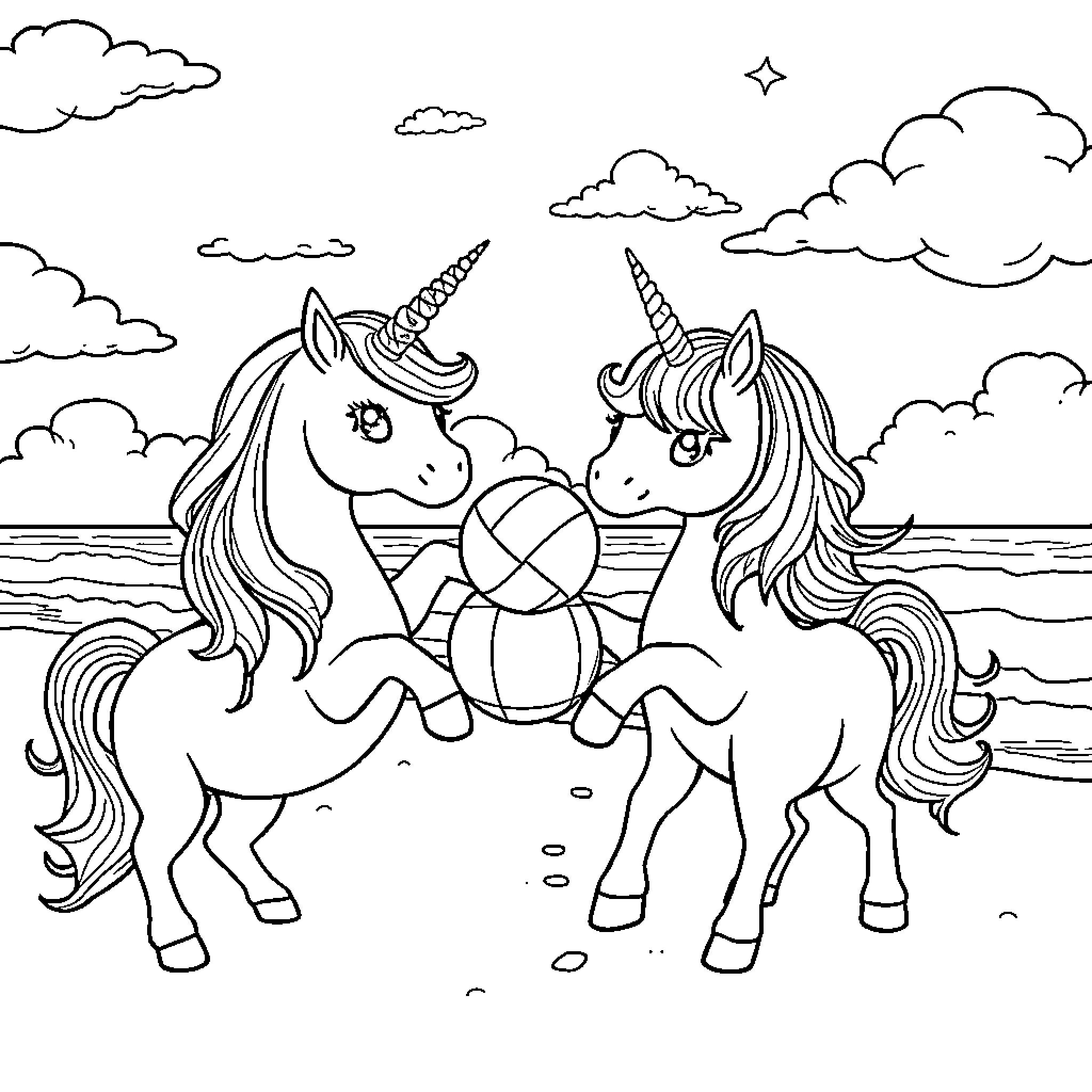 Unicorn friends playing with a ball at the beach Coloring Page (free black-and-white line drawing printable PDF for all, from beginners to advanced learners, including children, teens, adults, and seniors)