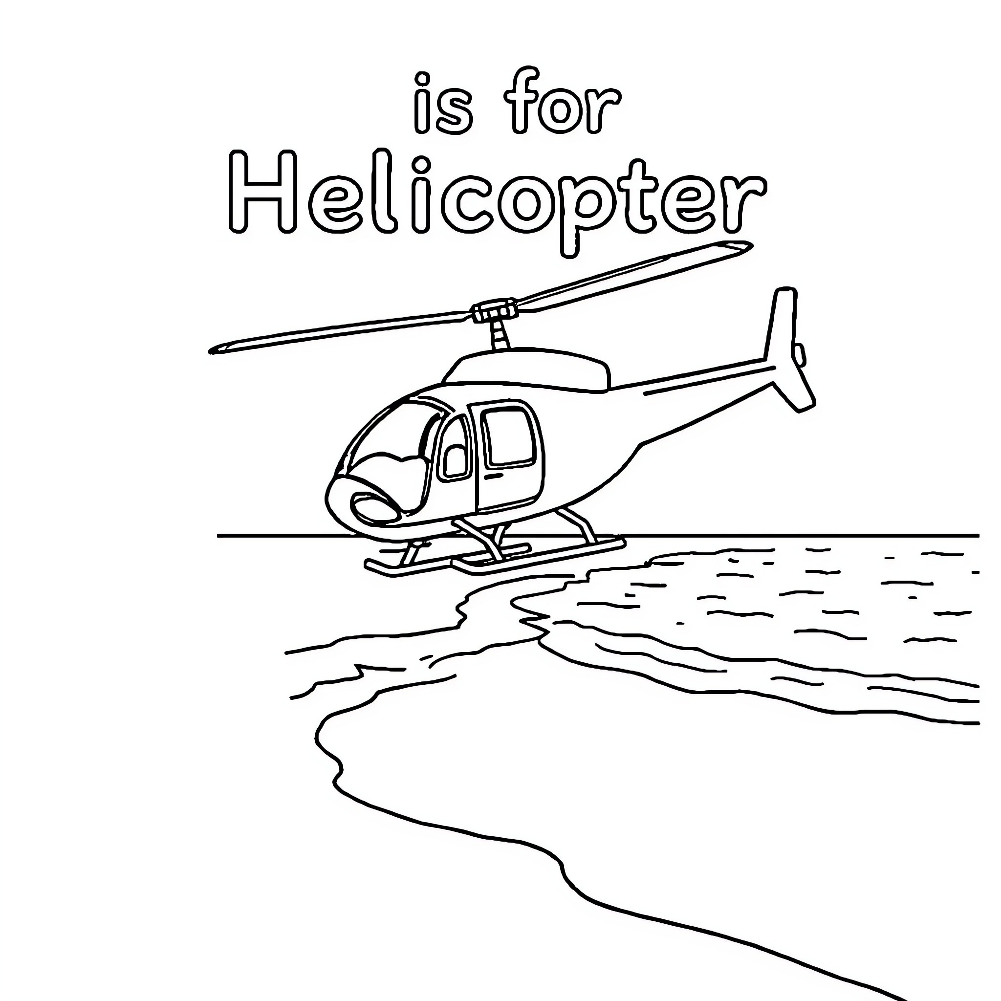 Helicopter flying over water Coloring Page (free black-and-white line drawing printable PDF for all, from beginners to advanced learners, including children, teens, adults, and seniors)
