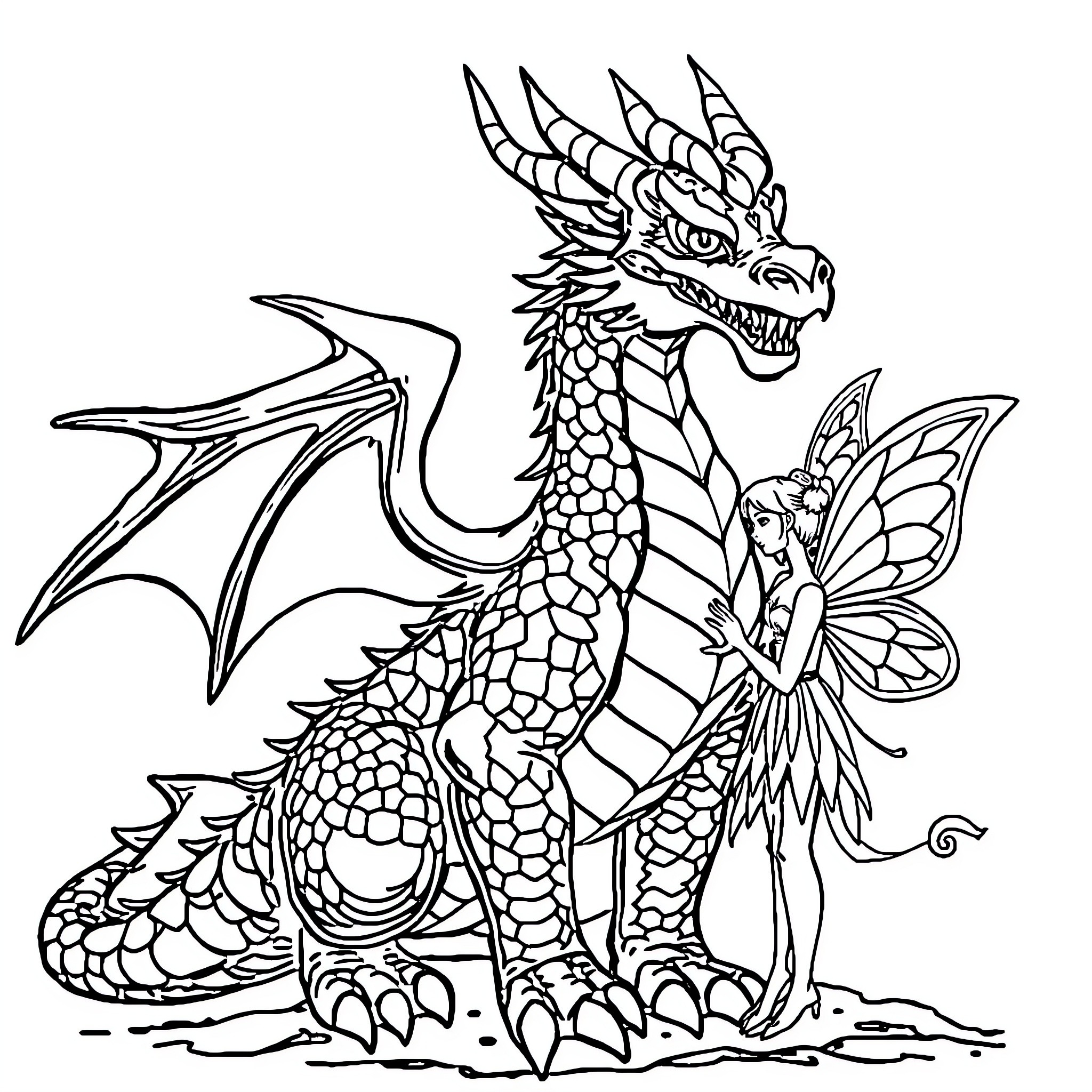 Dragon and fairy in magical fantasy scene Coloring Page (free black-and-white line drawing printable PDF for all, from beginners to advanced learners, including children, teens, adults, and seniors)