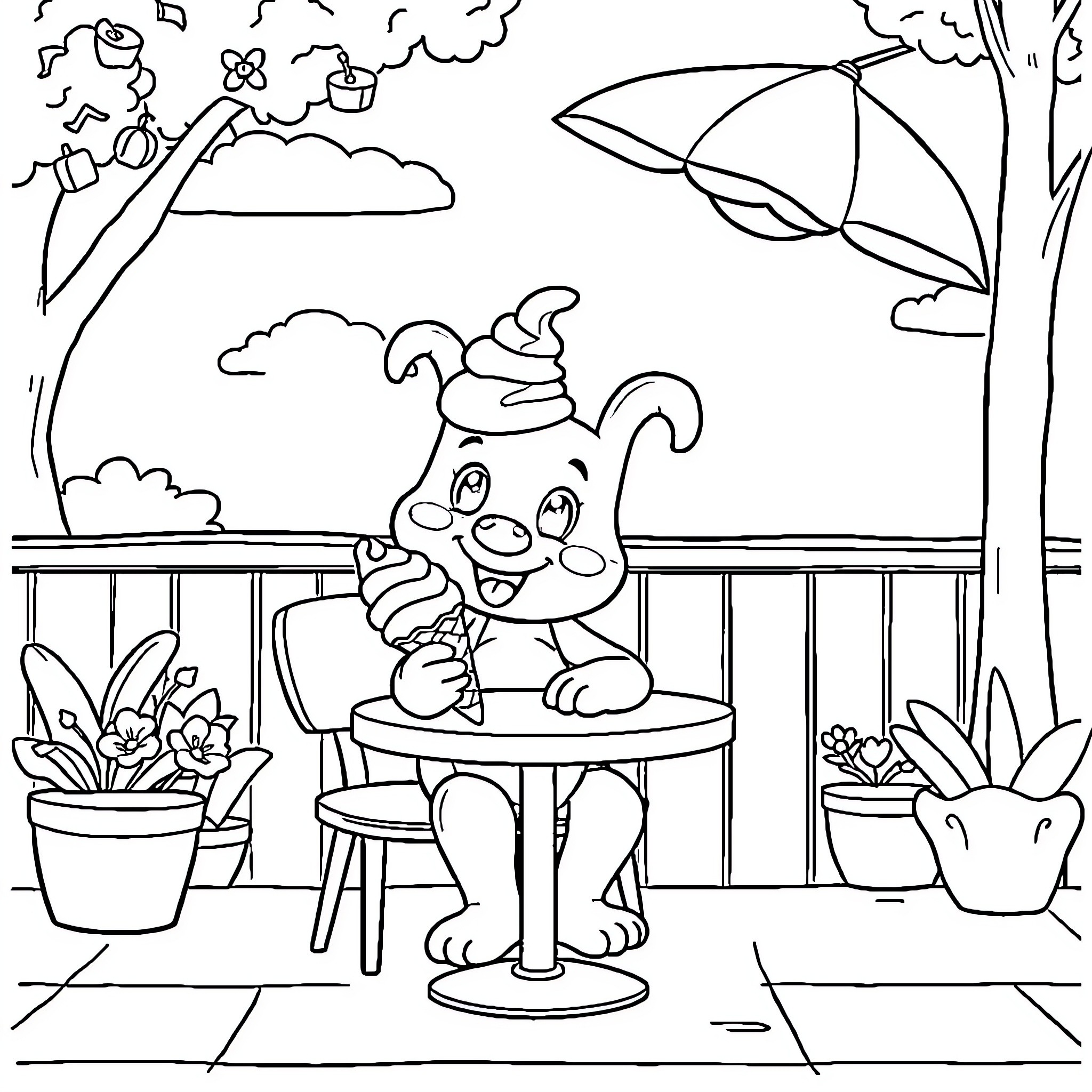 Bluey enjoying a rainy day on the patio Coloring Page (free black-and-white line drawing printable PDF for all, from beginners to advanced learners, including children, teens, adults, and seniors)
