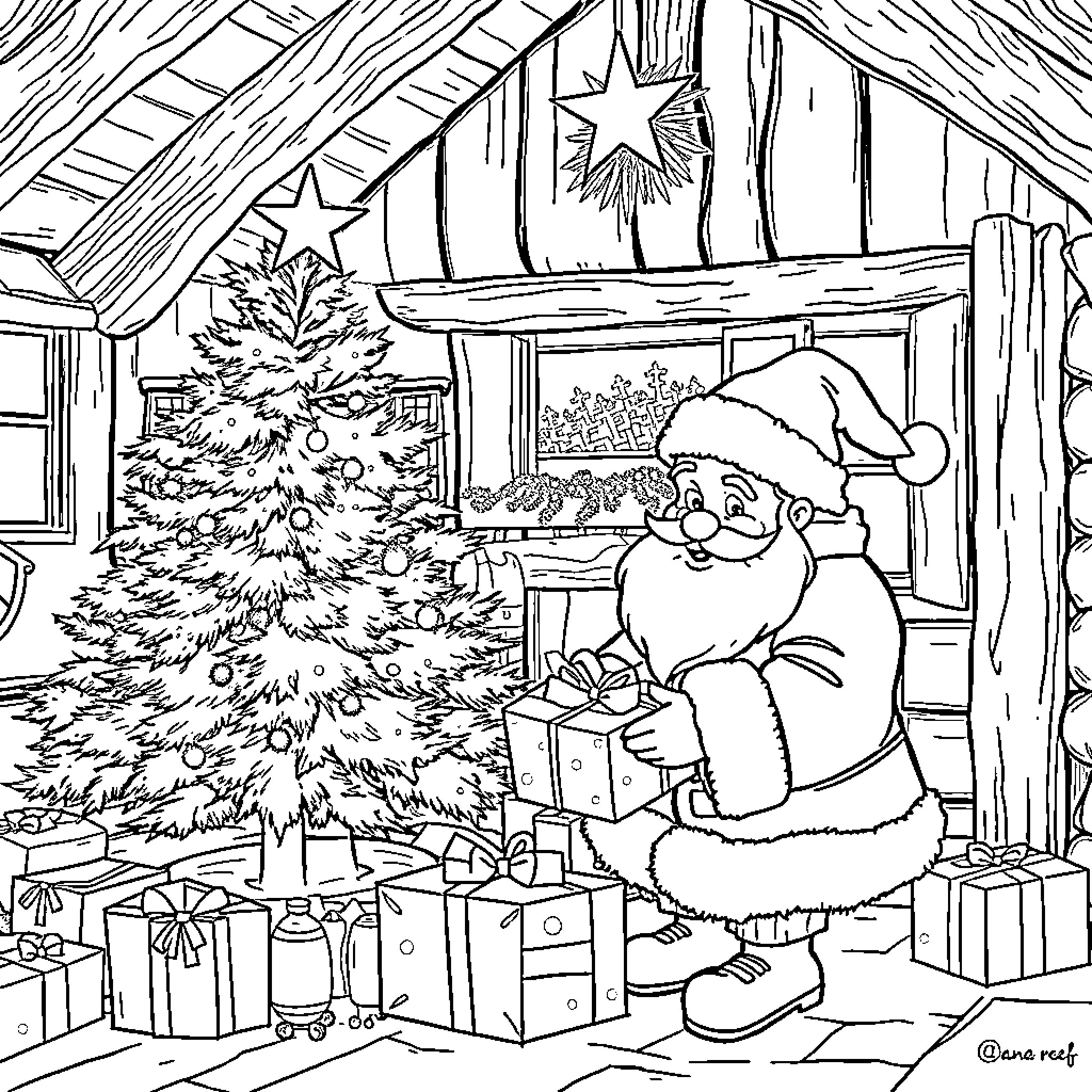 Santa Claus decorating the Christmas tree in a cozy cabin Coloring Page (free black-and-white line drawing printable PDF for all, from beginners to advanced learners, including children, teens, adults, and seniors)
