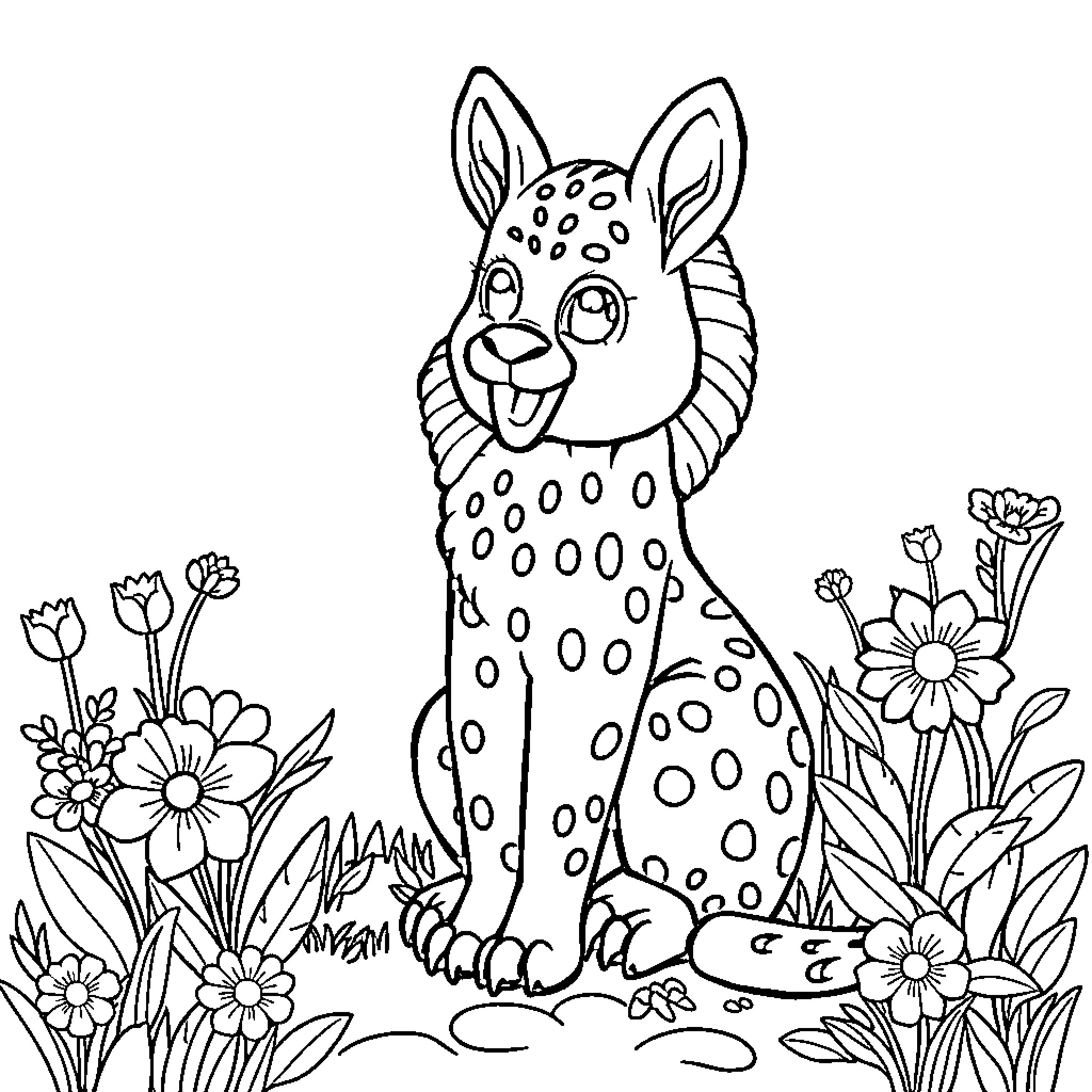 Animal playing among flowers in nature Coloring Page (free black-and-white line drawing printable PDF for all, from beginners to advanced learners, including children, teens, adults, and seniors)