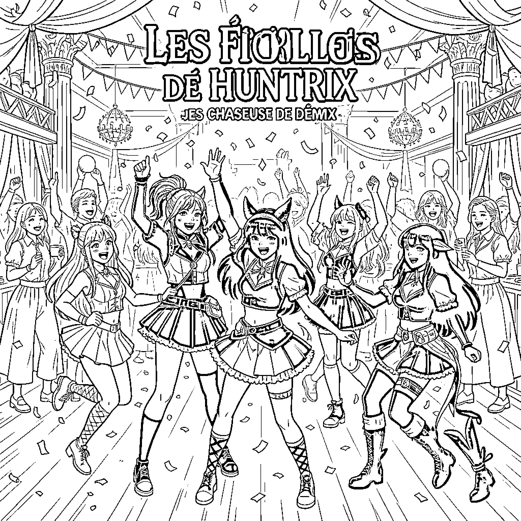 K Pop group performing energetic dance moves on stage Coloring Page (free black-and-white line drawing printable PDF for all, from beginners to advanced learners, including children, teens, adults, and seniors)