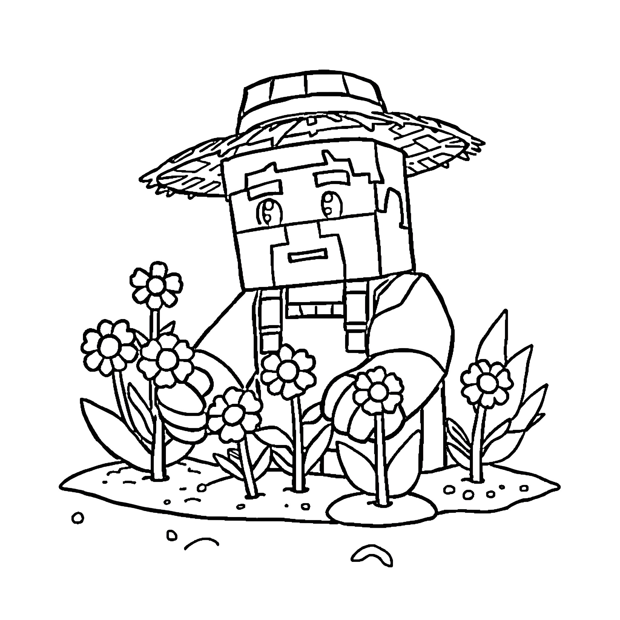 Steve's Floral Garden Adventure Coloring Page (free black-and-white line drawing printable PDF for all, from beginners to advanced learners, including children, teens, adults, and seniors)