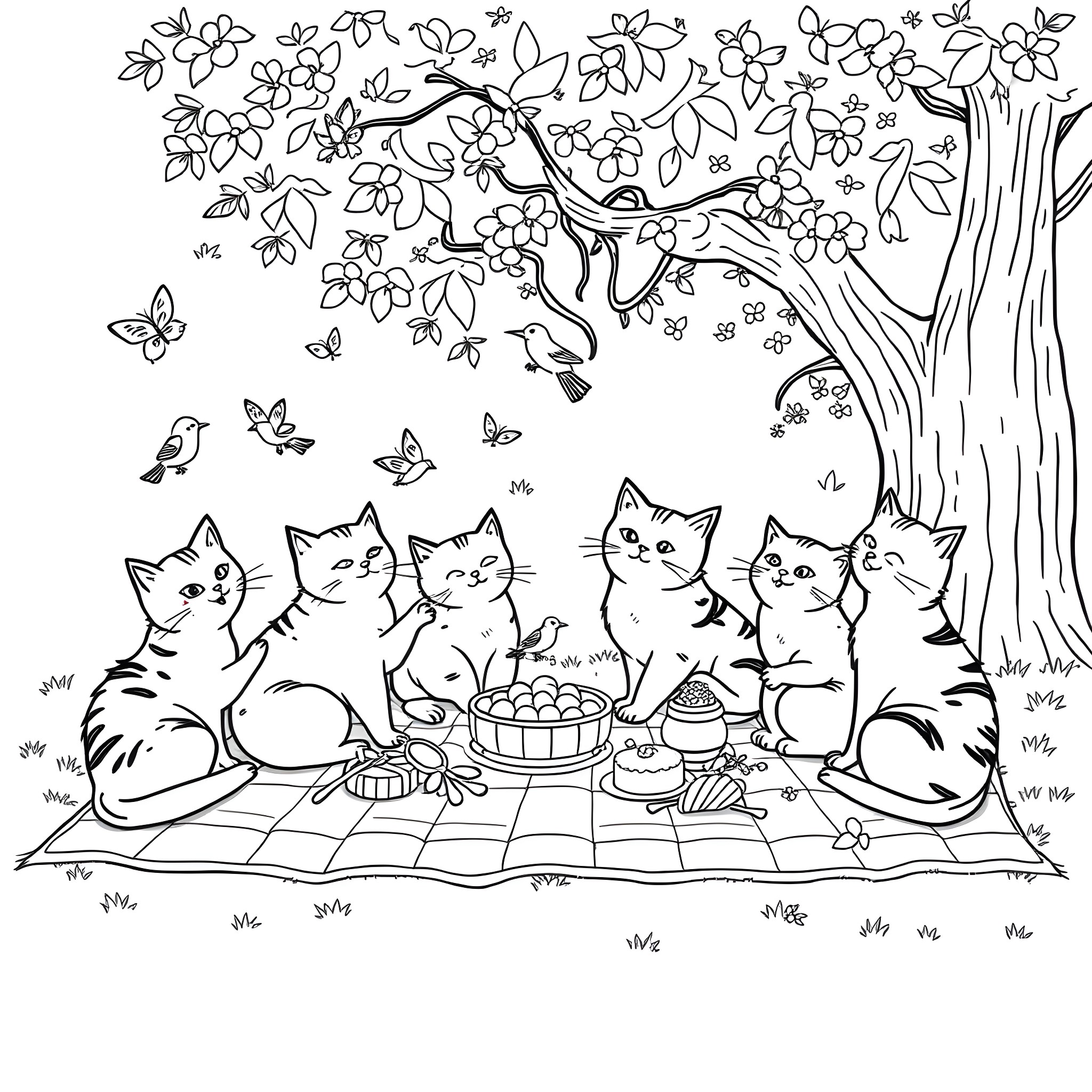 Cats Enjoying a Picnic Under a Blooming Tree Coloring Page (free black-and-white line drawing printable PDF for all, from beginners to advanced learners, including children, teens, adults, and seniors)