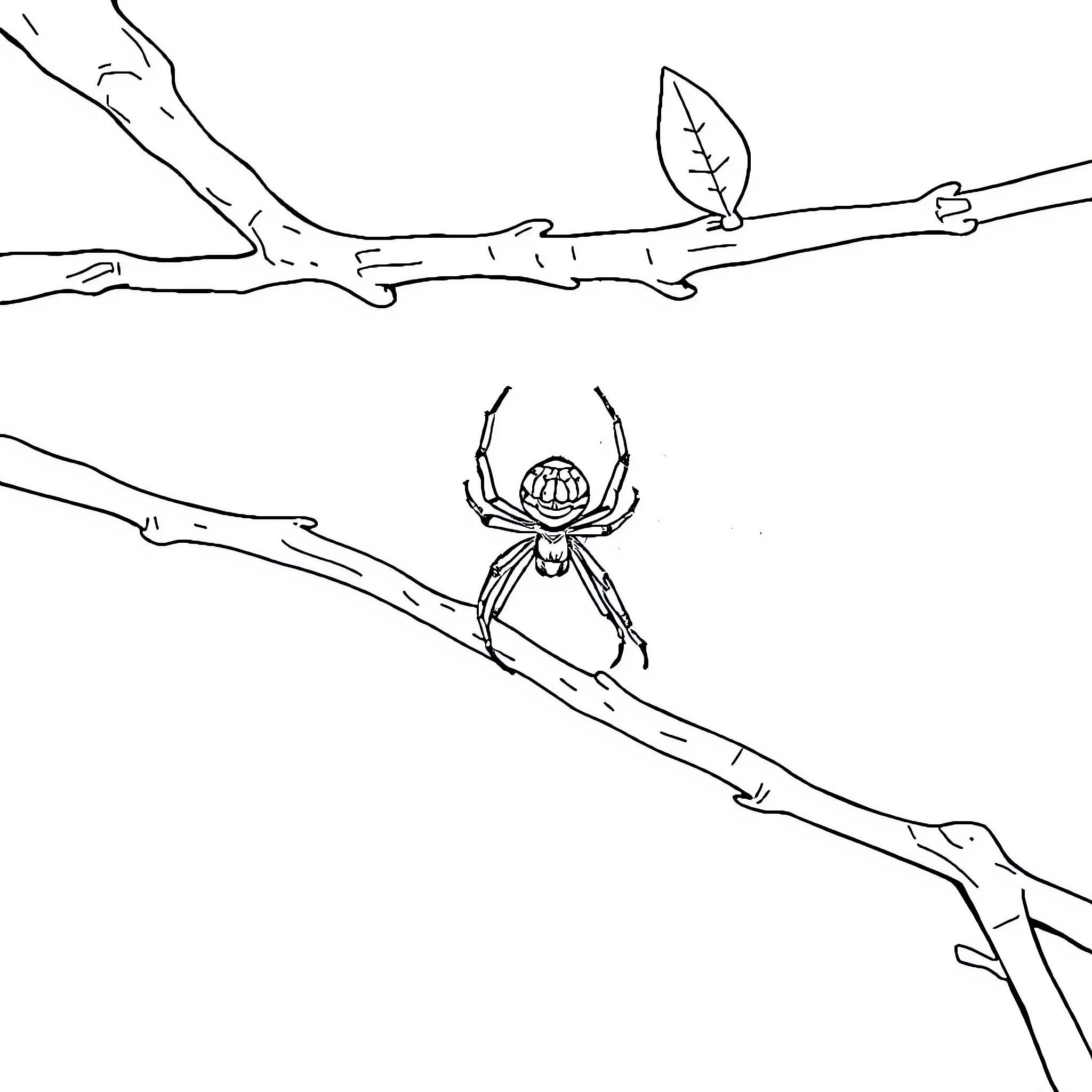 Spider lurking on a branch Coloring Page (free black-and-white line drawing printable PDF for all, from beginners to advanced learners, including children, teens, adults, and seniors)