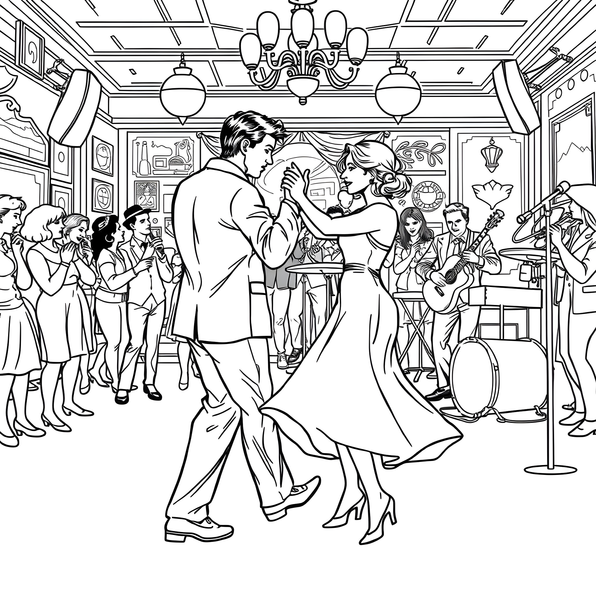 Couple dancing in a lively restaurant with musicians Coloring Page (free black-and-white line drawing printable PDF for all, from beginners to advanced learners, including children, teens, adults, and seniors)