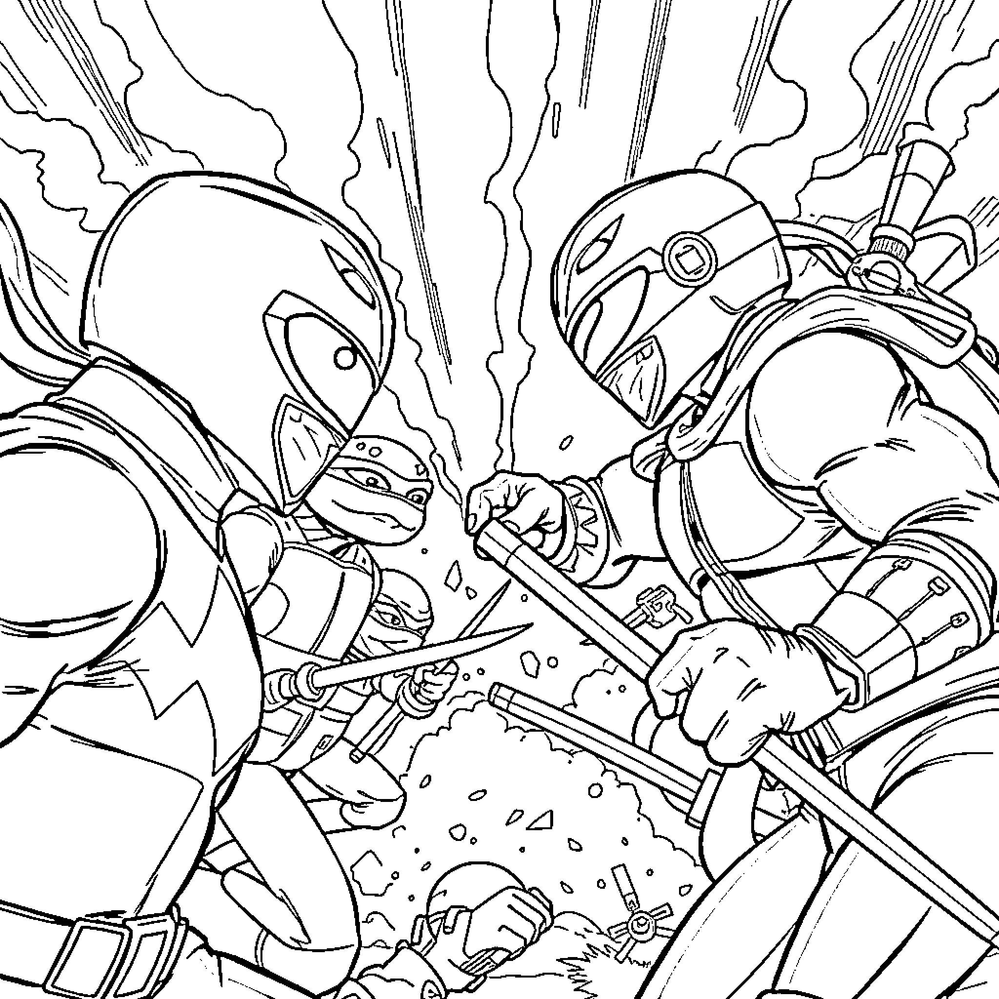 Ranger Battling Fierce Foes in Intense Confrontation Coloring Page (free black-and-white line drawing printable PDF for all, from beginners to advanced learners, including children, teens, adults, and seniors)