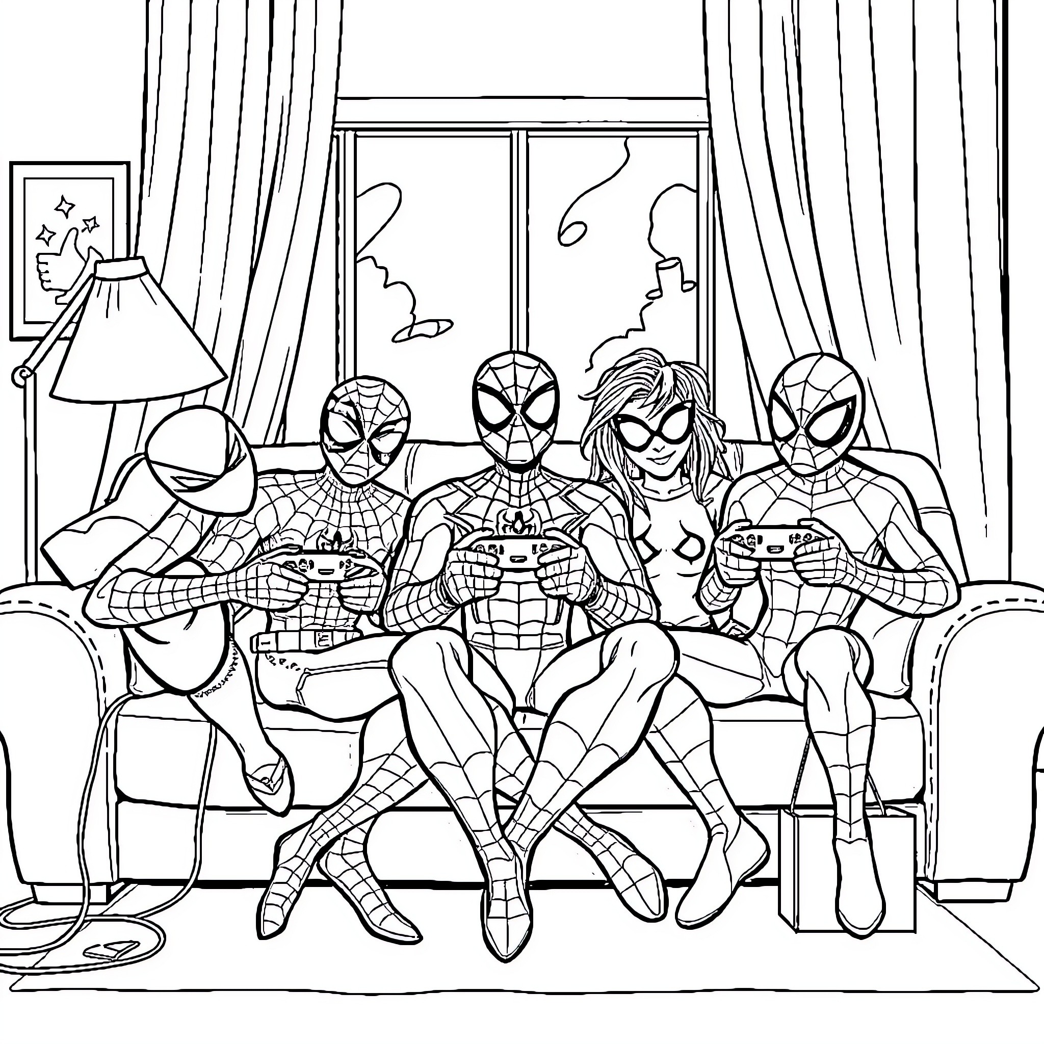 Spider-Man and friends enjoying a game night Coloring Page (free black-and-white line drawing printable PDF for all, from beginners to advanced learners, including children, teens, adults, and seniors)