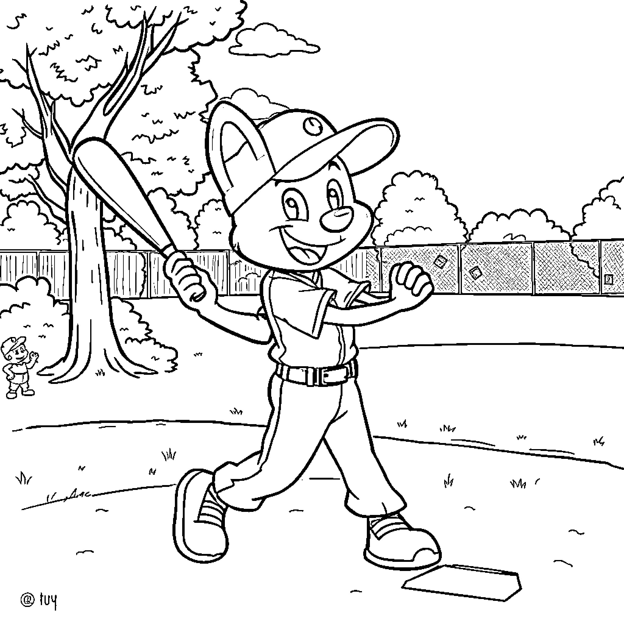 Bluey playing happily with a baseball bat in the park Coloring Page (free black-and-white line drawing printable PDF for all, from beginners to advanced learners, including children, teens, adults, and seniors)