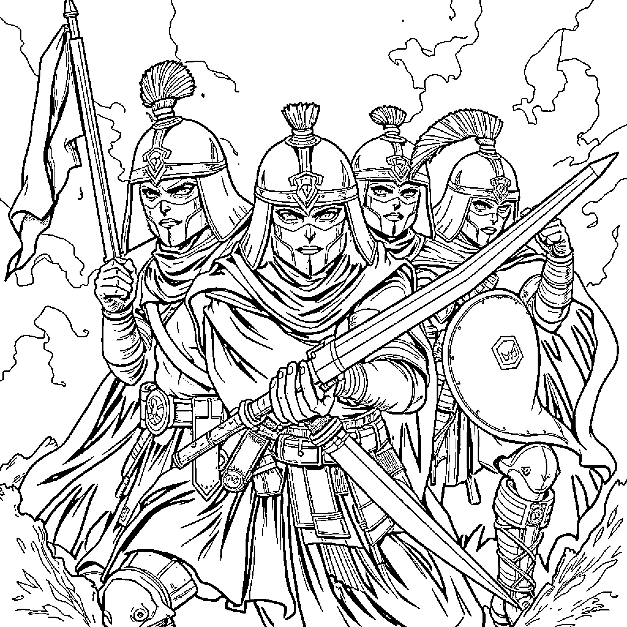 Guerrera: Warriors in Heroic Stance Coloring Page (free black-and-white line drawing printable PDF for all, from beginners to advanced learners, including children, teens, adults, and seniors)