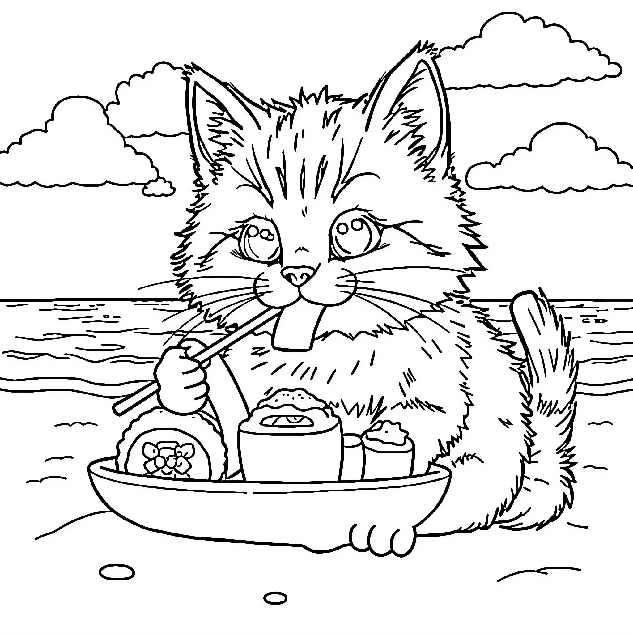 Cat sailing on a boat with fish Coloring Page (free black-and-white line drawing printable PDF for all, from beginners to advanced learners, including children, teens, adults, and seniors)