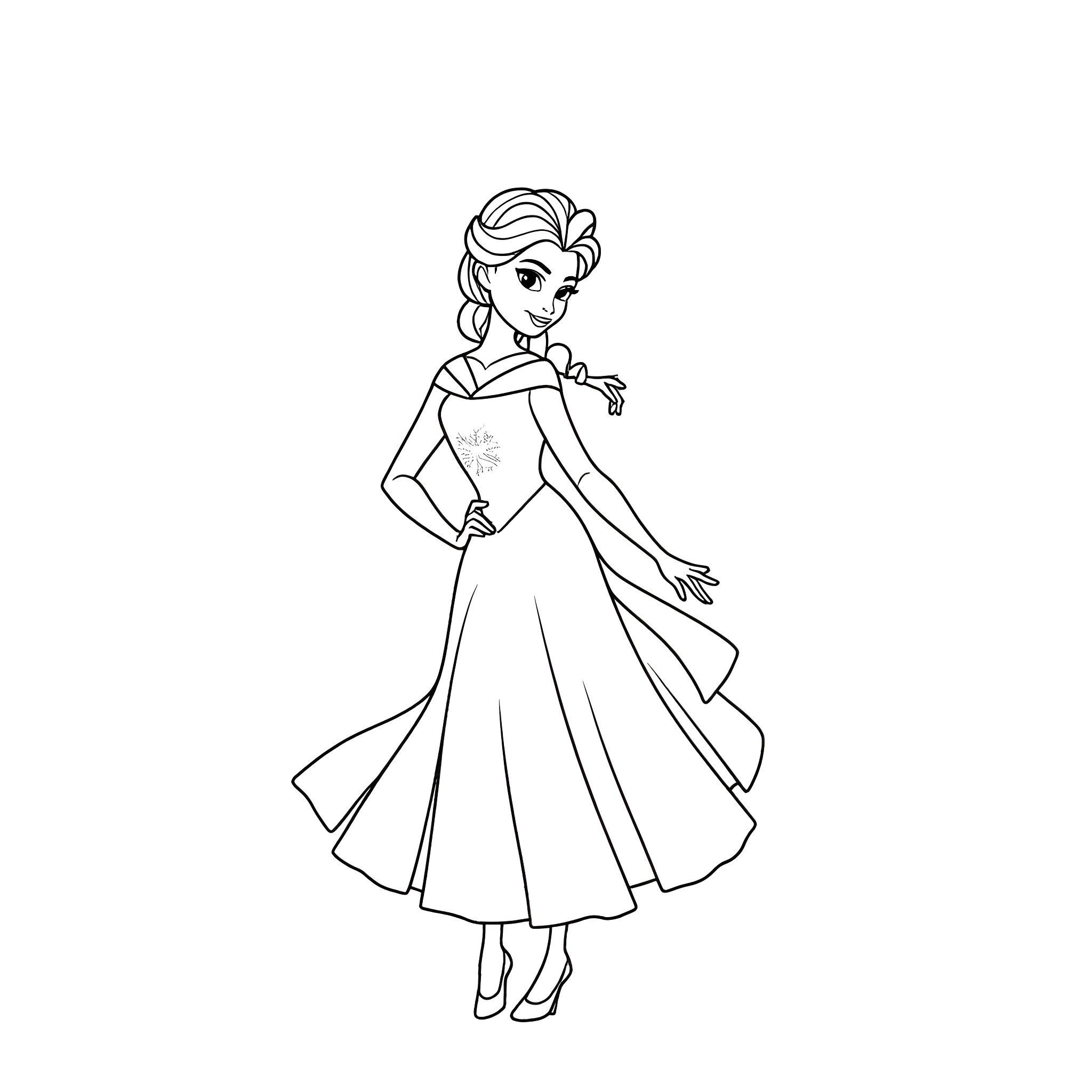 Elsa in a beautiful and elegant dress Coloring Page (free black-and-white line drawing printable PDF for all, from beginners to advanced learners, including children, teens, adults, and seniors)