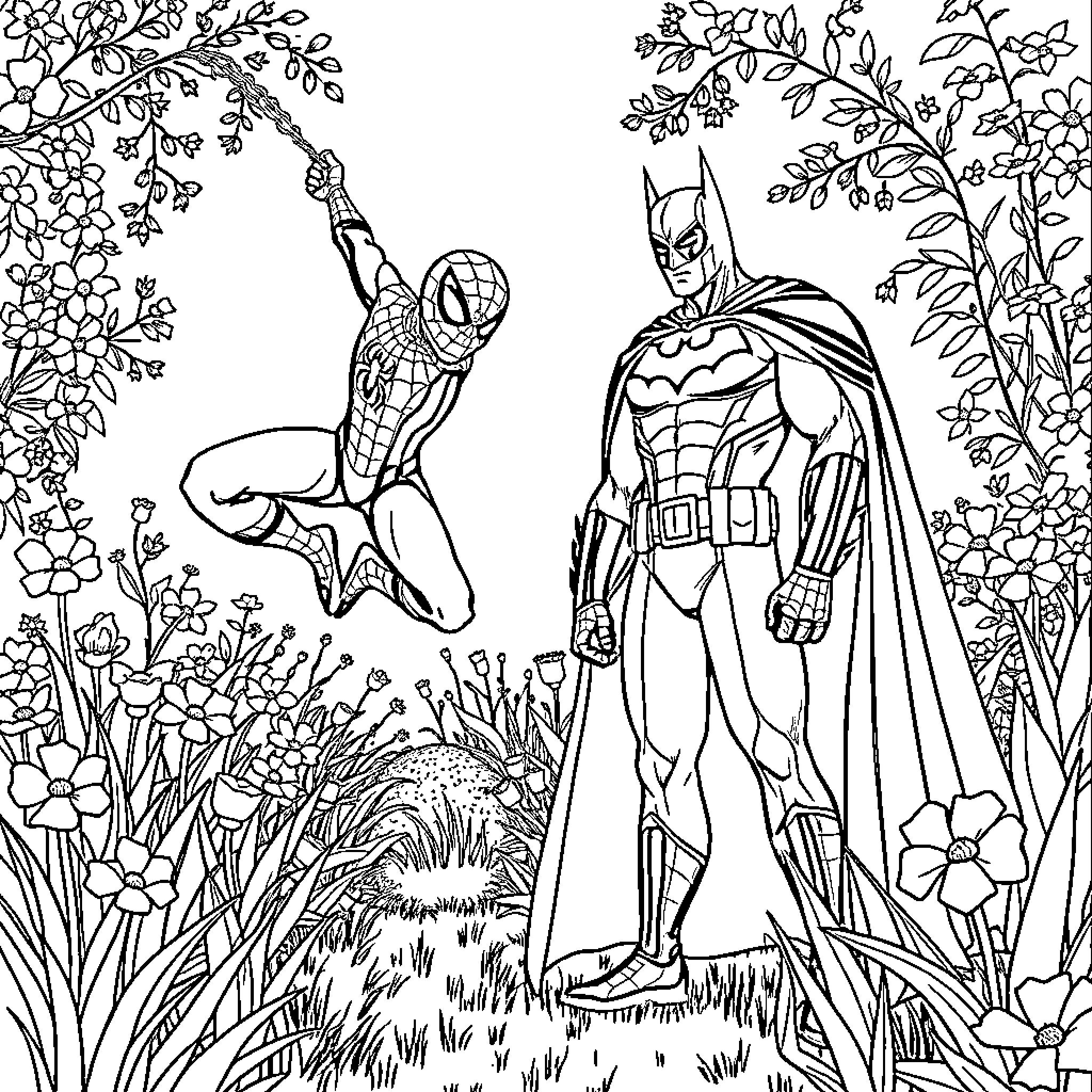 Spider-Man and Batman in a Floral Garden Coloring Page (free black-and-white line drawing printable PDF for all, from beginners to advanced learners, including children, teens, adults, and seniors)