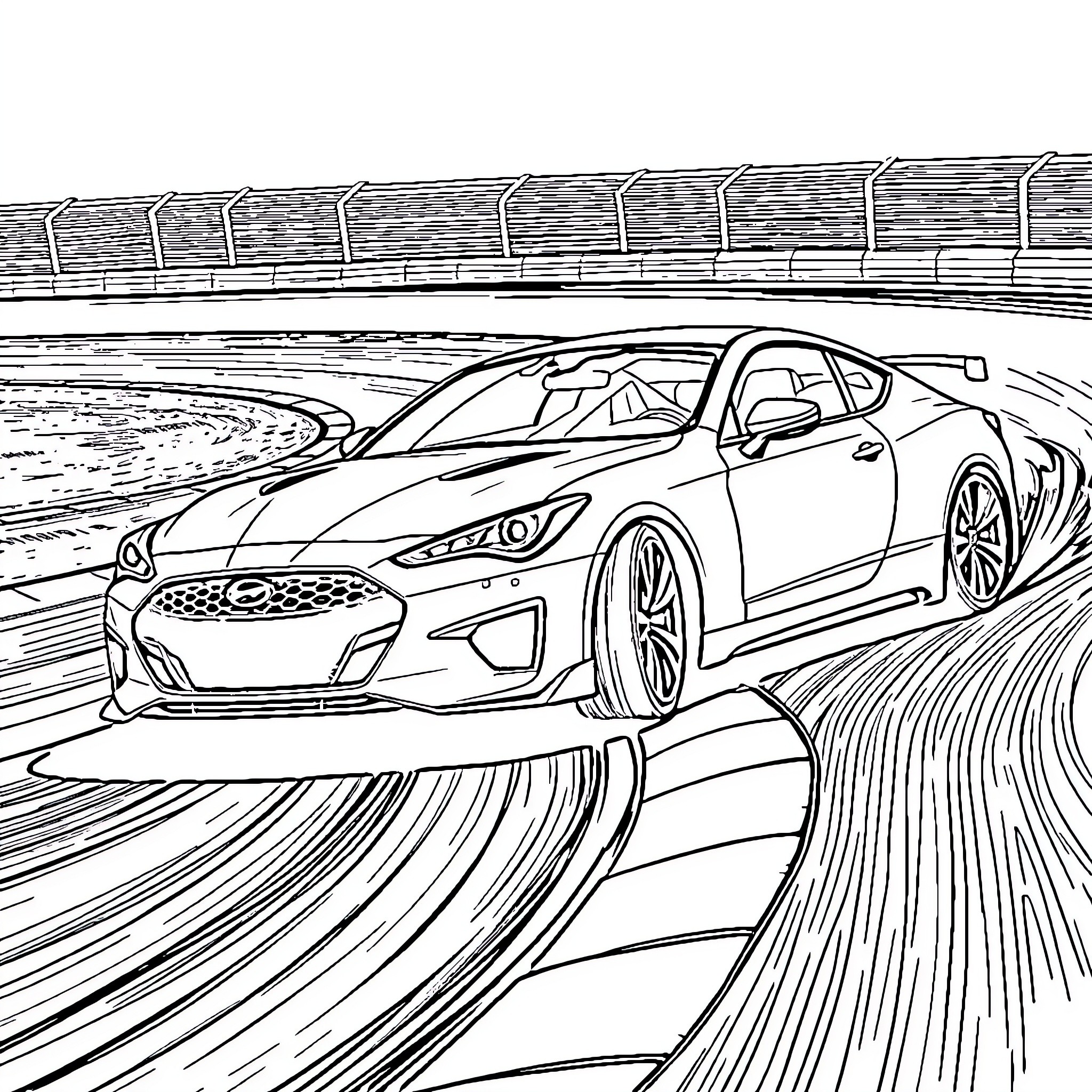 Genesis of a Speeding Sports Car on the Racetrack Coloring Page (free black-and-white line drawing printable PDF for all, from beginners to advanced learners, including children, teens, adults, and seniors)