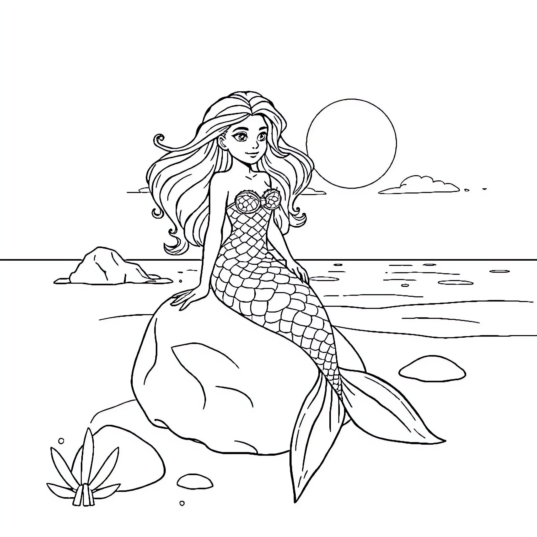 Mermaid resting on the beach under the moonlight Coloring Page (free black-and-white line drawing printable PDF for all, from beginners to advanced learners, including children, teens, adults, and seniors)