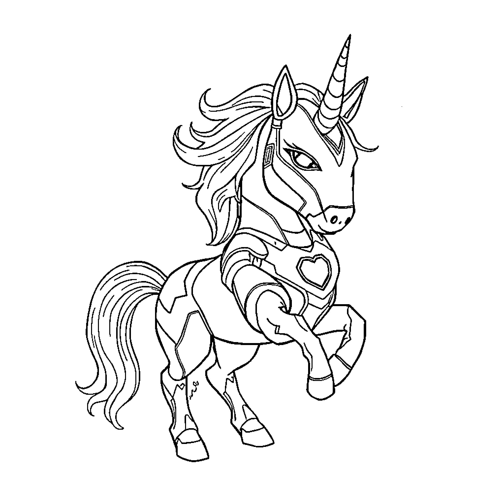 Unicorn with heart-shaped emblem prancing happily Coloring Page (free black-and-white line drawing printable PDF for all, from beginners to advanced learners, including children, teens, adults, and seniors)