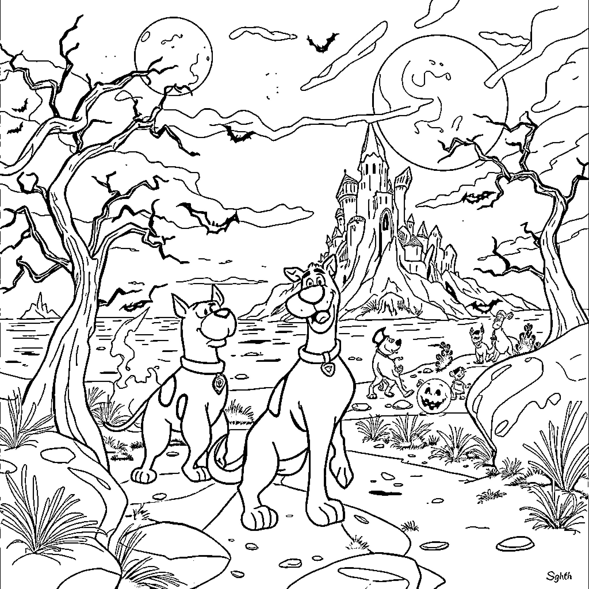 Scooby Doo and Friends Explore Haunted Castle Landscape Coloring Page (free black-and-white line drawing printable PDF for all, from beginners to advanced learners, including children, teens, adults, and seniors)
