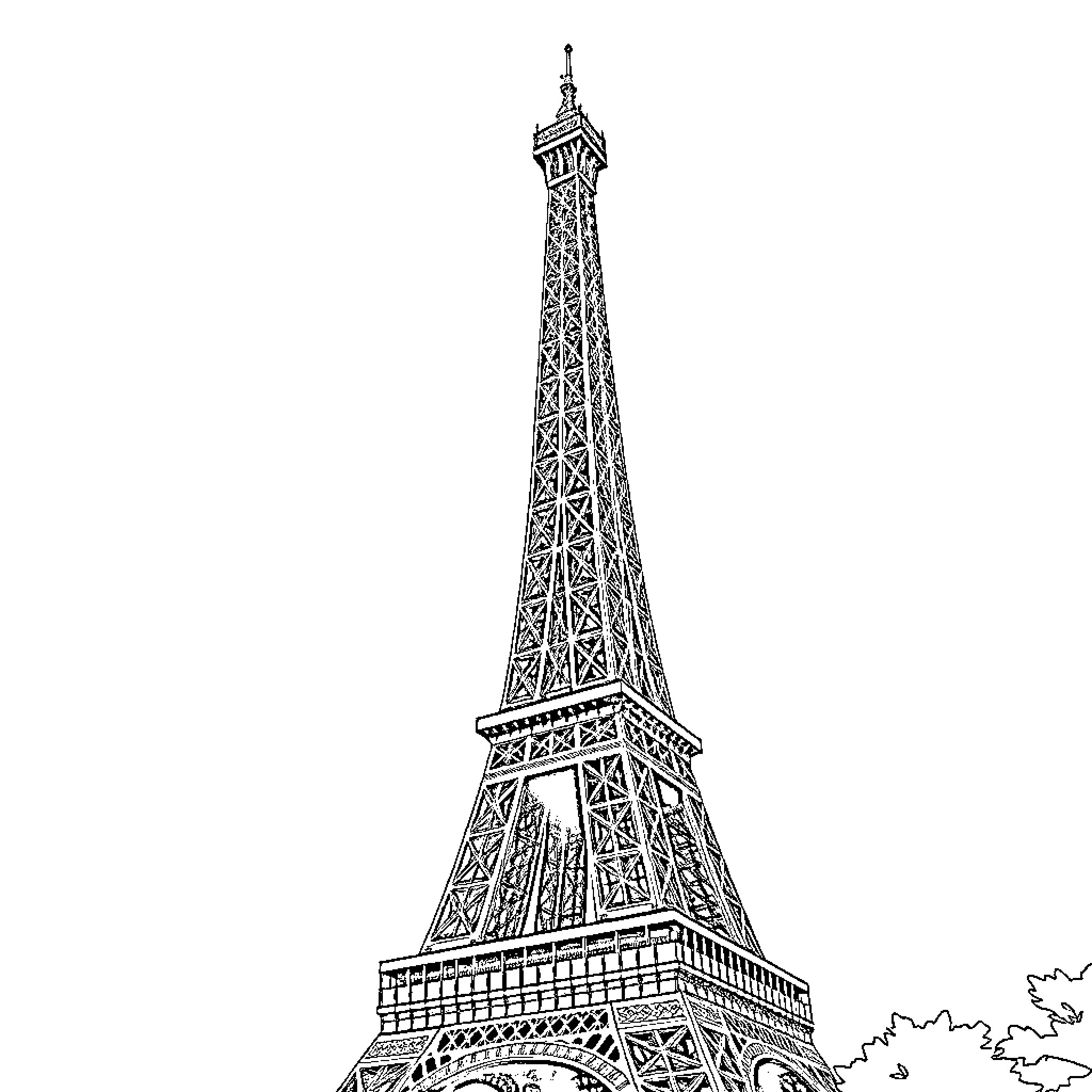 Eiffel Tower Silhouette Against Sky Coloring Page (free black-and-white line drawing printable PDF for all, from beginners to advanced learners, including children, teens, adults, and seniors)