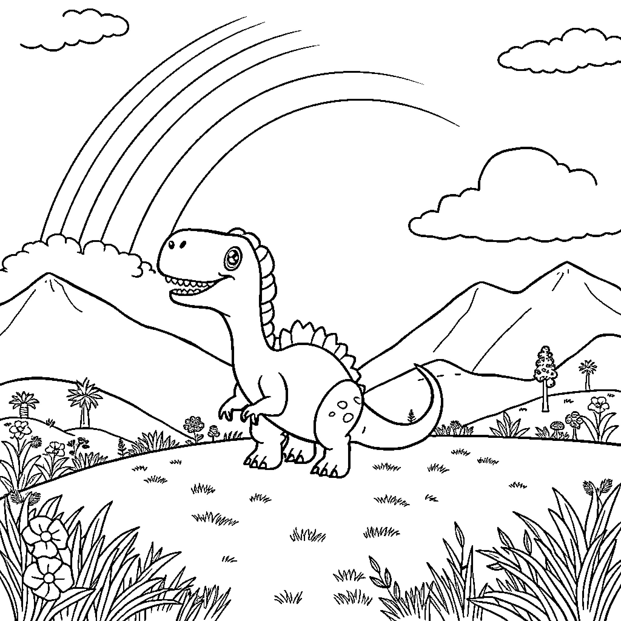 Dinosaur roaming the colorful landscape Coloring Page (free black-and-white line drawing printable PDF for all, from beginners to advanced learners, including children, teens, adults, and seniors)