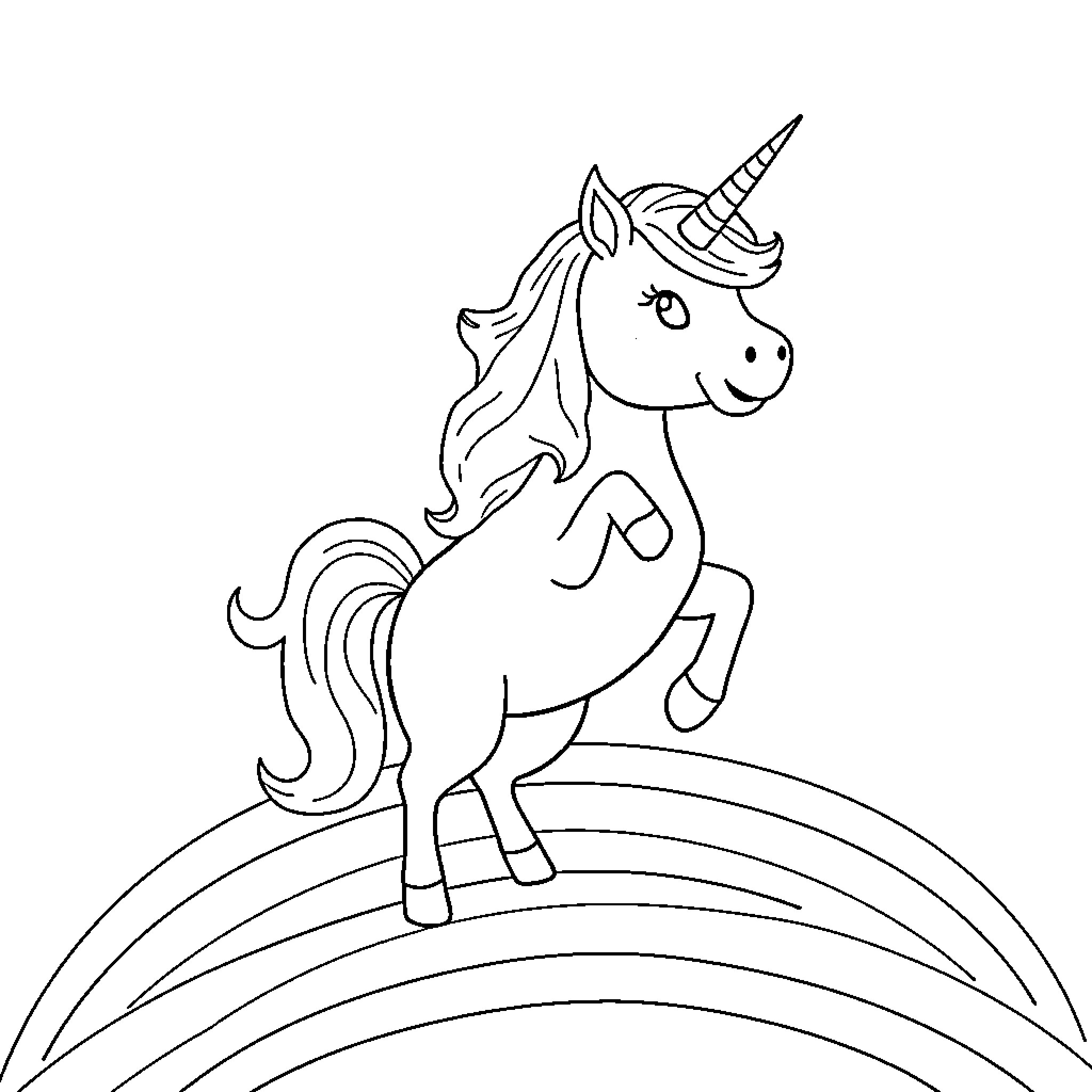 Unicorn riding over rainbow Coloring Page (free black-and-white line drawing printable PDF for all, from beginners to advanced learners, including children, teens, adults, and seniors)