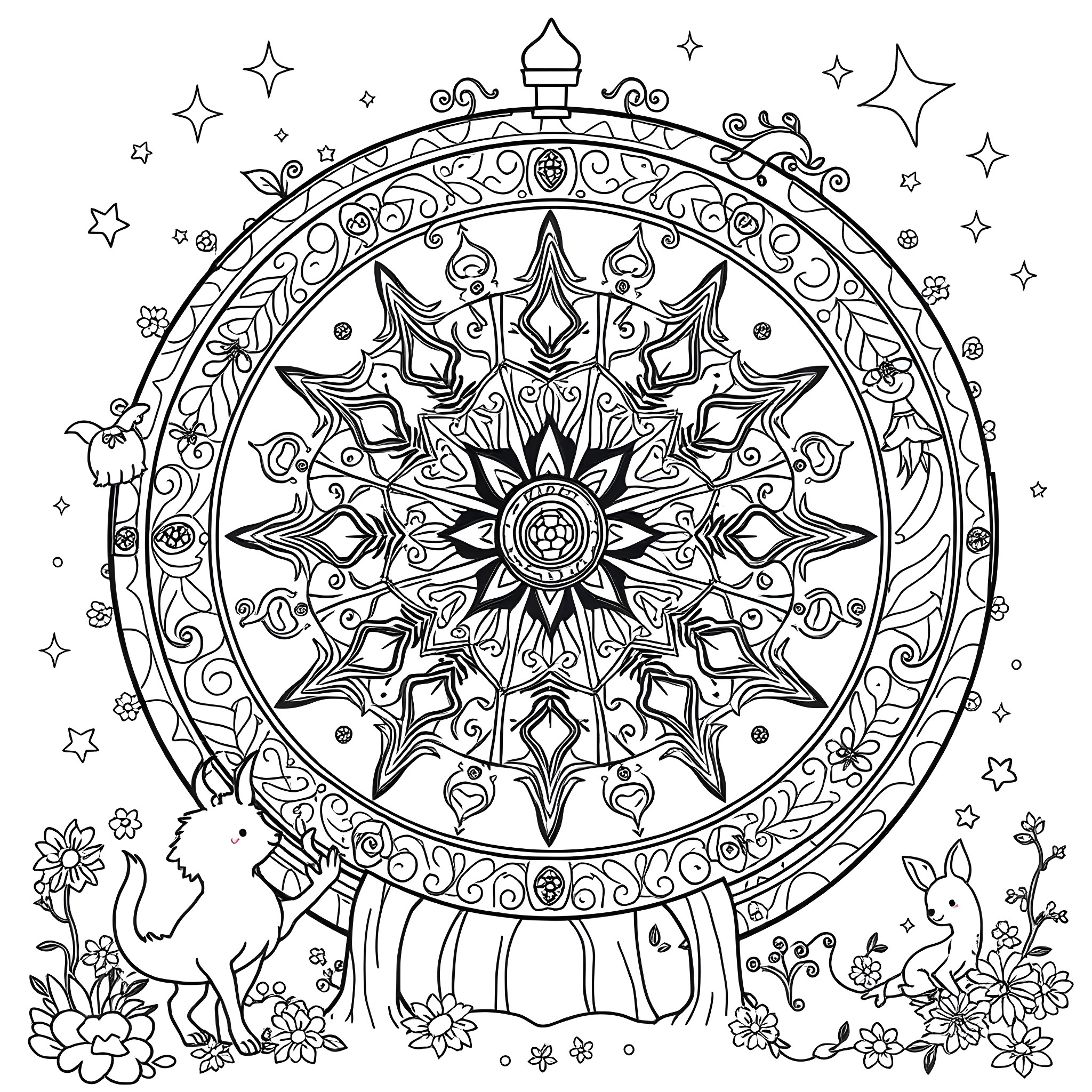 Disney Wheel with Ornate Designs and Enchanting Creatures Coloring Page (free black-and-white line drawing printable PDF for all, from beginners to advanced learners, including children, teens, adults, and seniors)