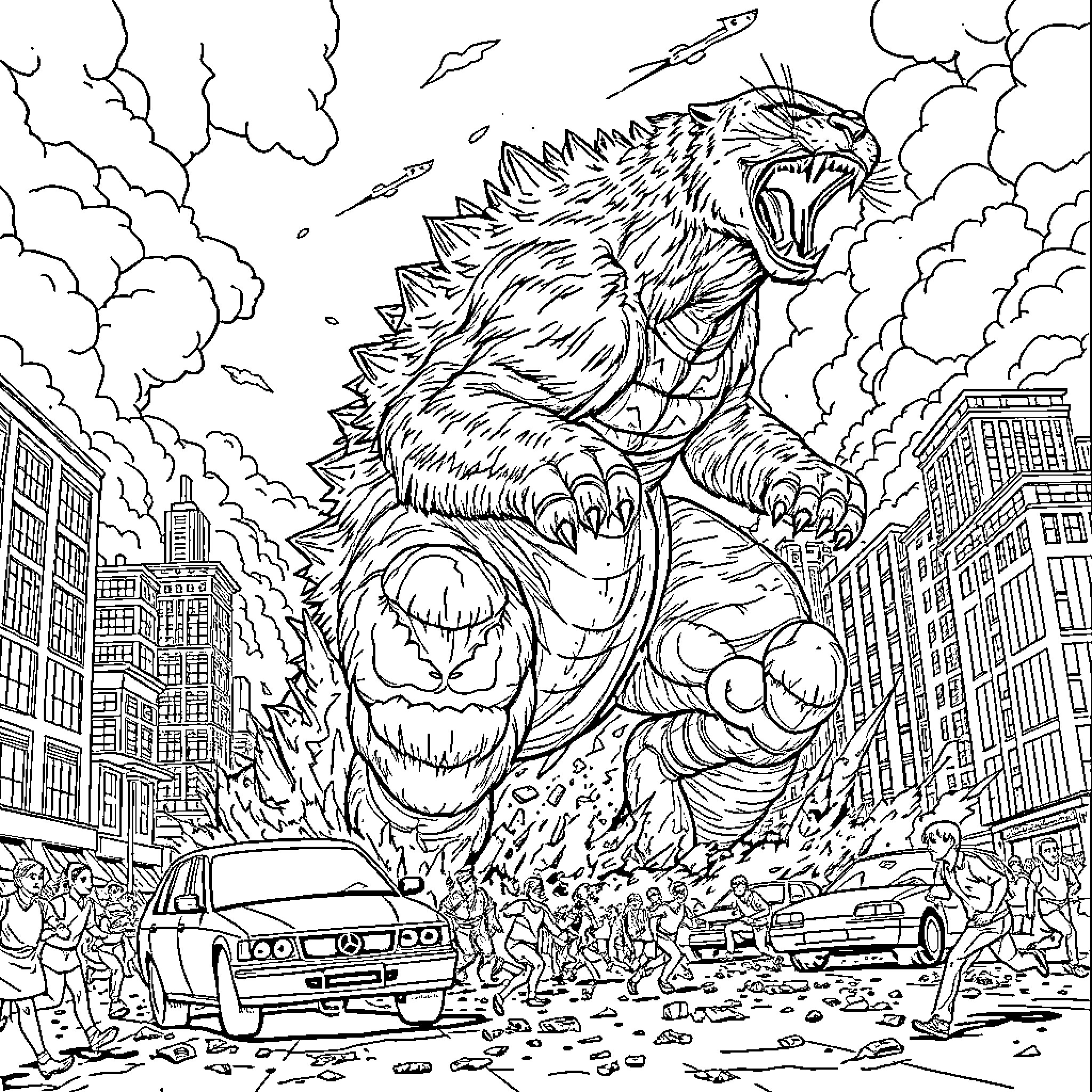 Cat monster rampaging through the city Coloring Page (free black-and-white line drawing printable PDF for all, from beginners to advanced learners, including children, teens, adults, and seniors)