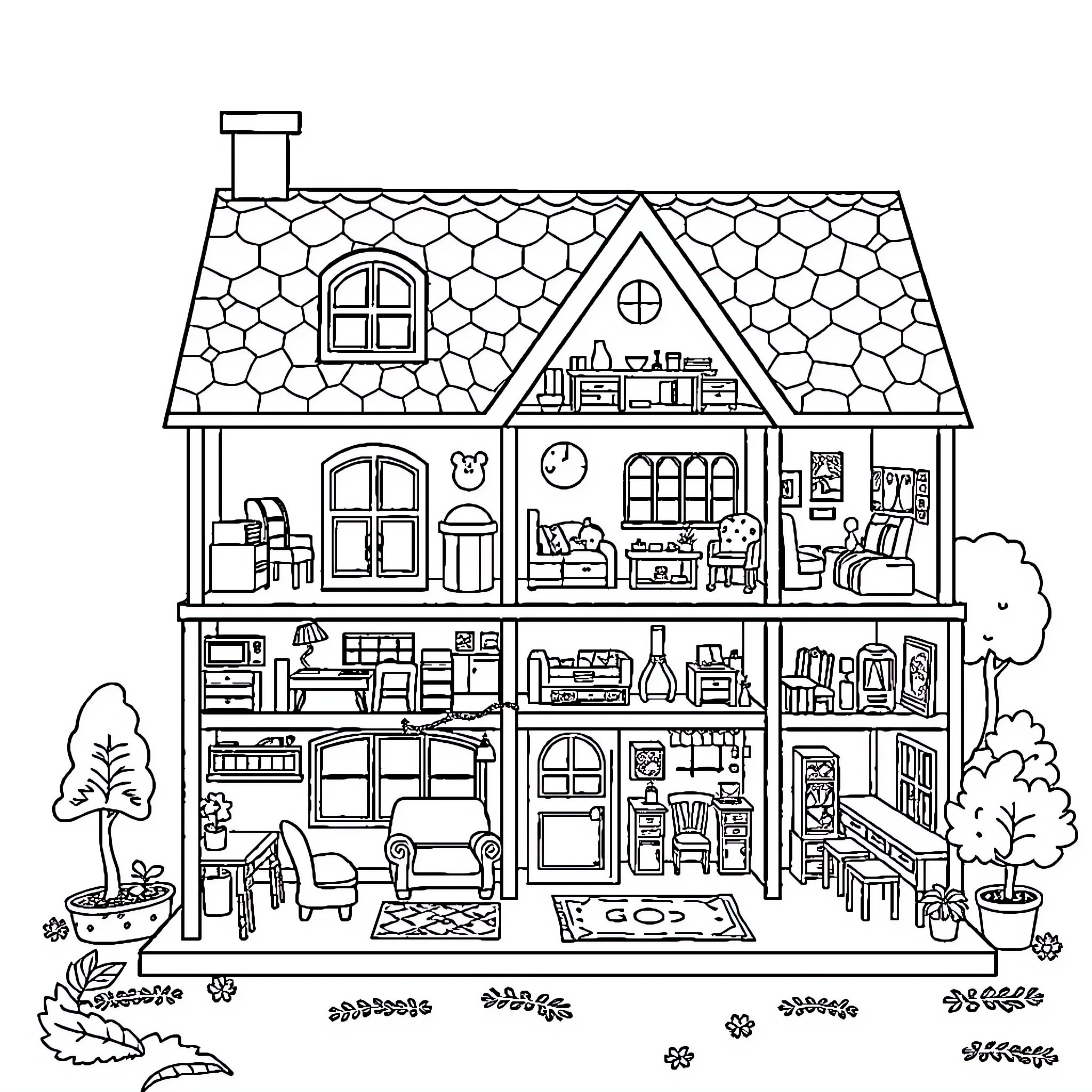 Dollhouse with detailed interior scenes and furnishings Coloring Page (free black-and-white line drawing printable PDF for all, from beginners to advanced learners, including children, teens, adults, and seniors)