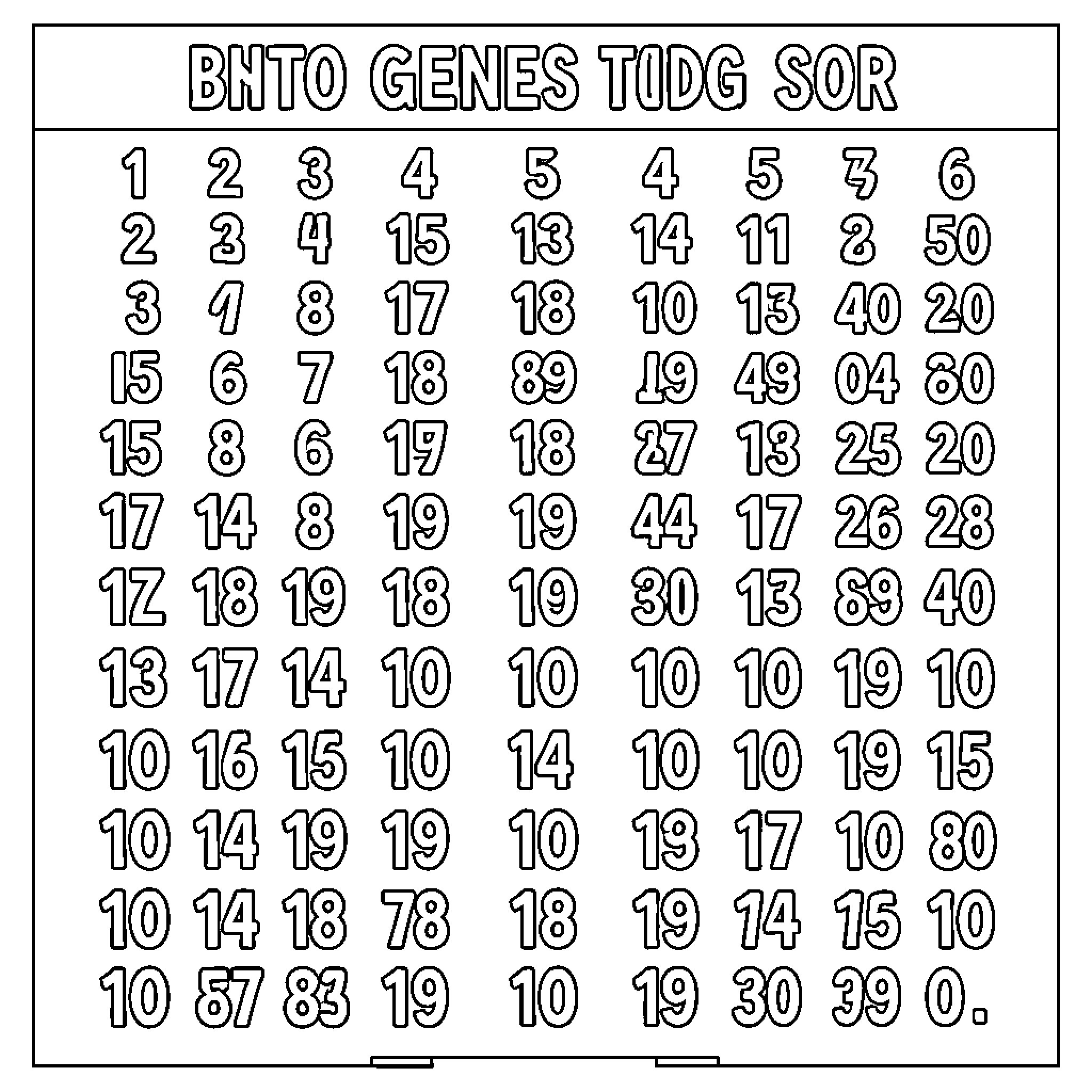 Number sequences arranged in a rectangular grid layout Coloring Page (free black-and-white line drawing printable PDF for all, from beginners to advanced learners, including children, teens, adults, and seniors)
