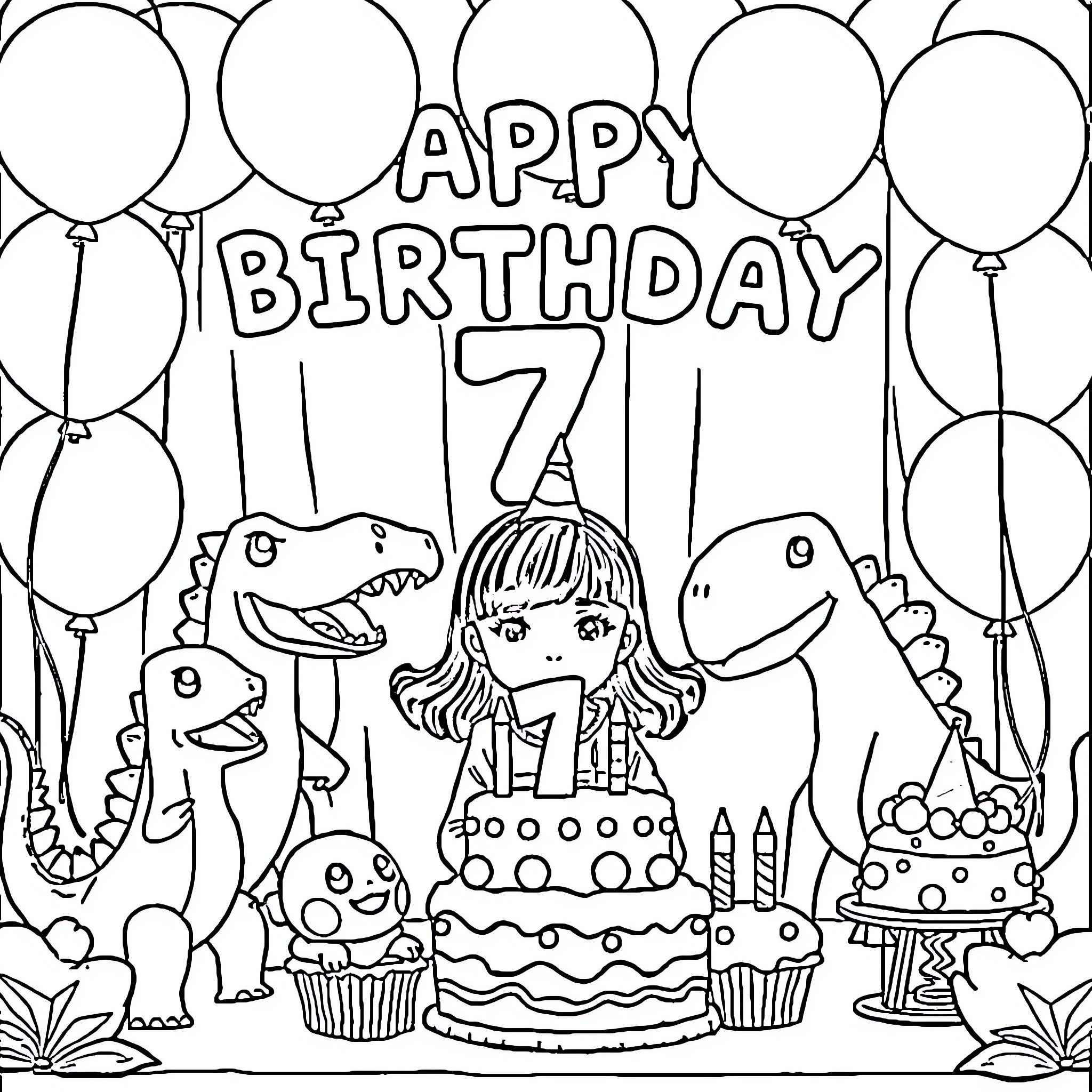 Dinosaur birthday celebration with balloons and cake Coloring Page (free black-and-white line drawing printable PDF for all, from beginners to advanced learners, including children, teens, adults, and seniors)