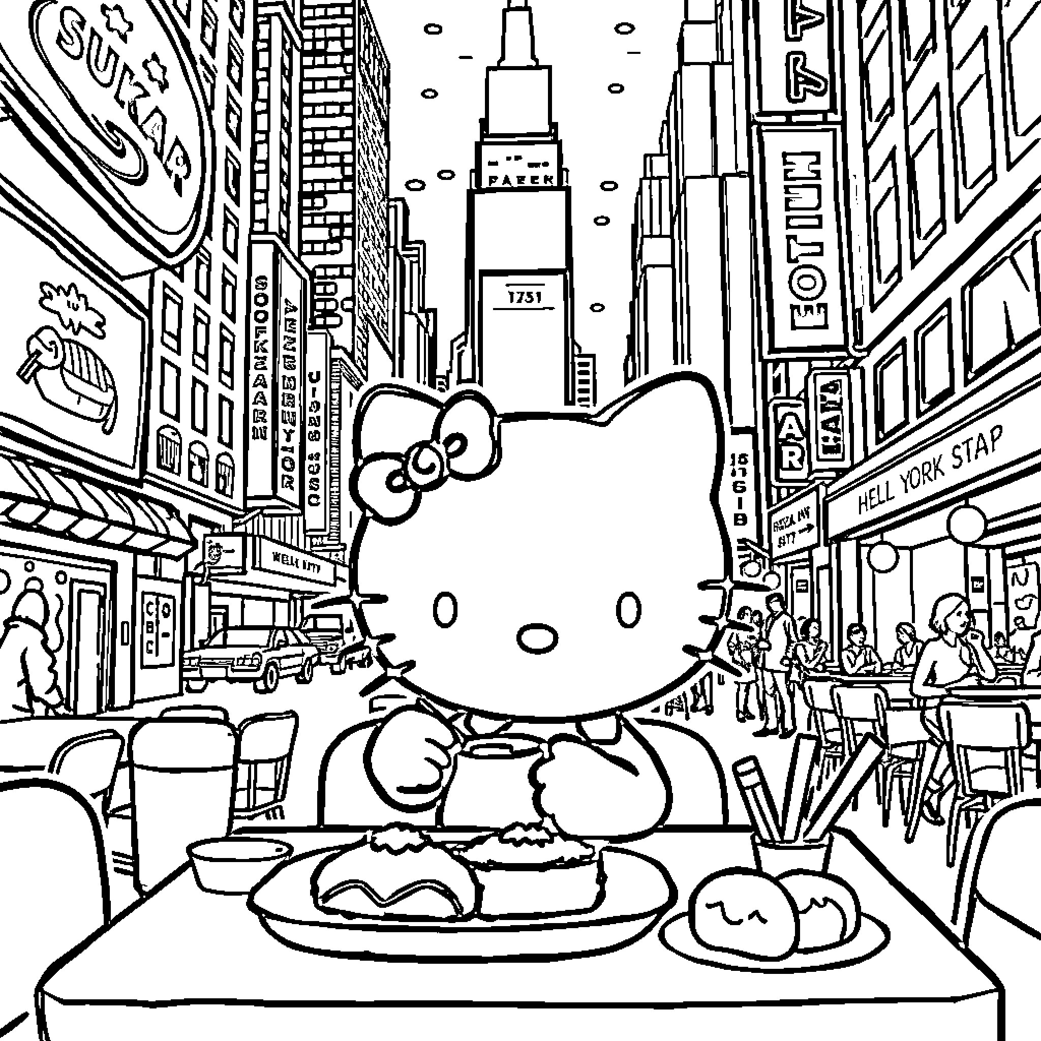 Hello Kitty enjoys a delicious meal in the bustling city Coloring Page (free black-and-white line drawing printable PDF for all, from beginners to advanced learners, including children, teens, adults, and seniors)