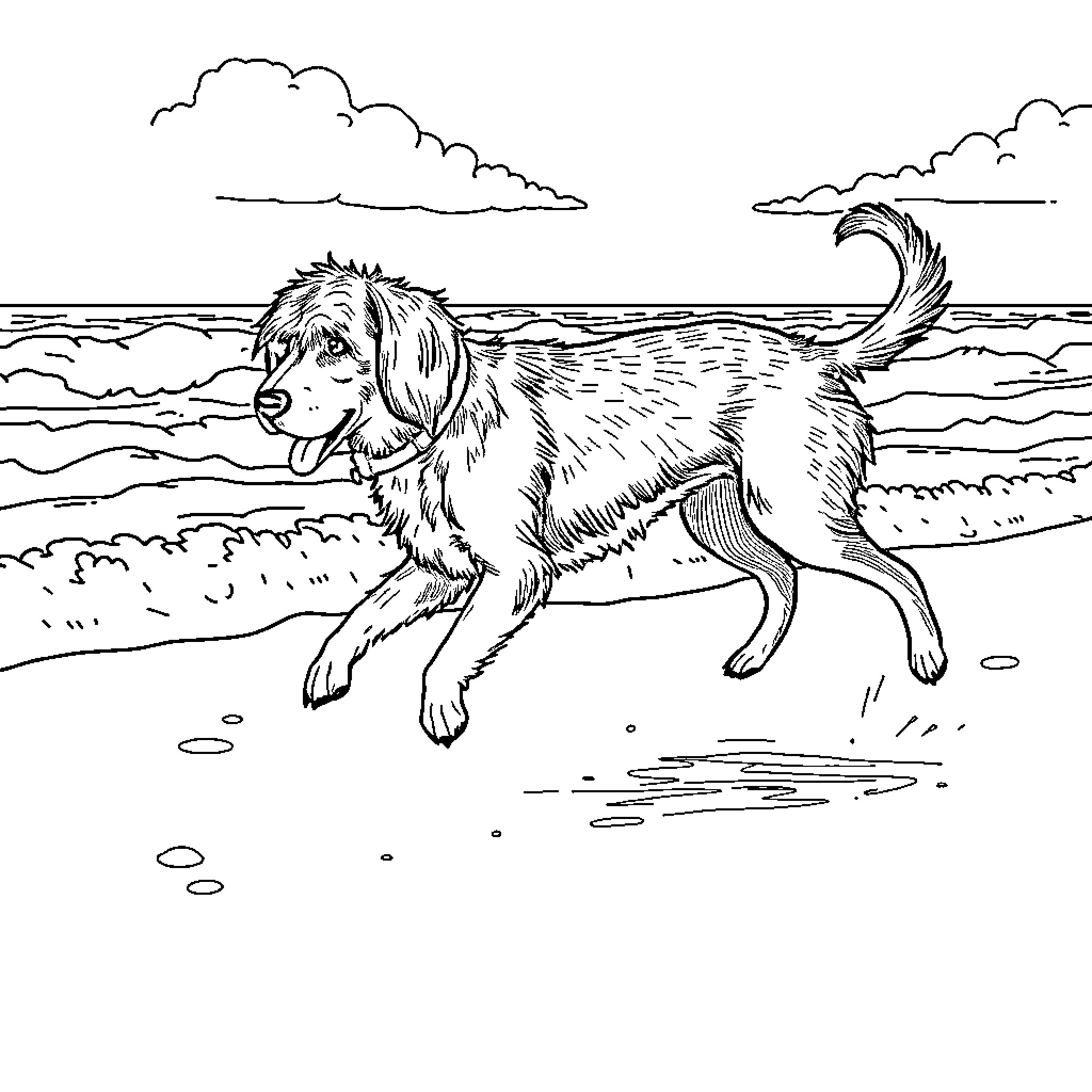 Patrulla Canina playing happily on the beach Coloring Page (free black-and-white line drawing printable PDF for all, from beginners to advanced learners, including children, teens, adults, and seniors)