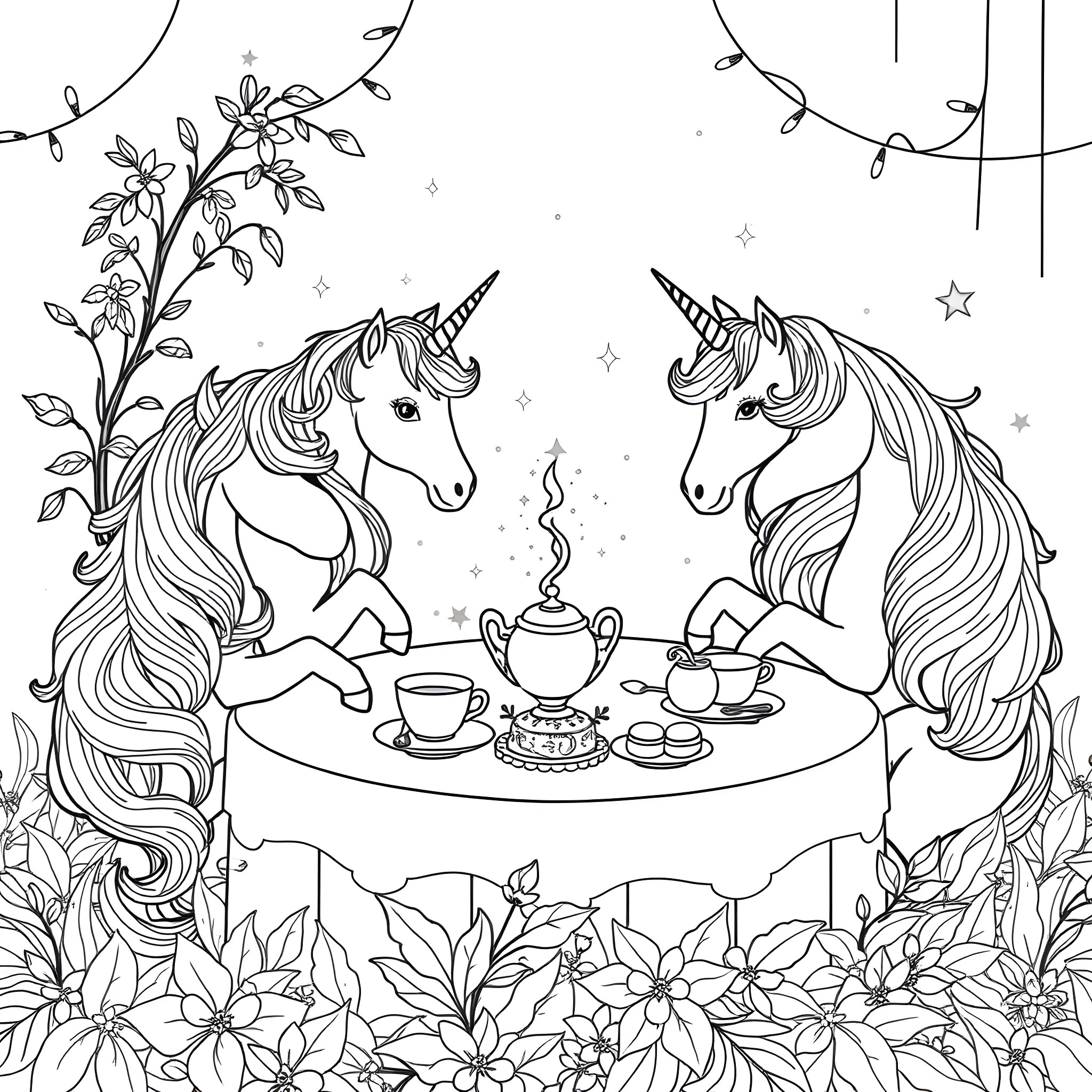 Unicorn Enjoying Magical Tea Party Surrounded by Floral Decor Coloring Page (free black-and-white line drawing printable PDF for all, from beginners to advanced learners, including children, teens, adults, and seniors)