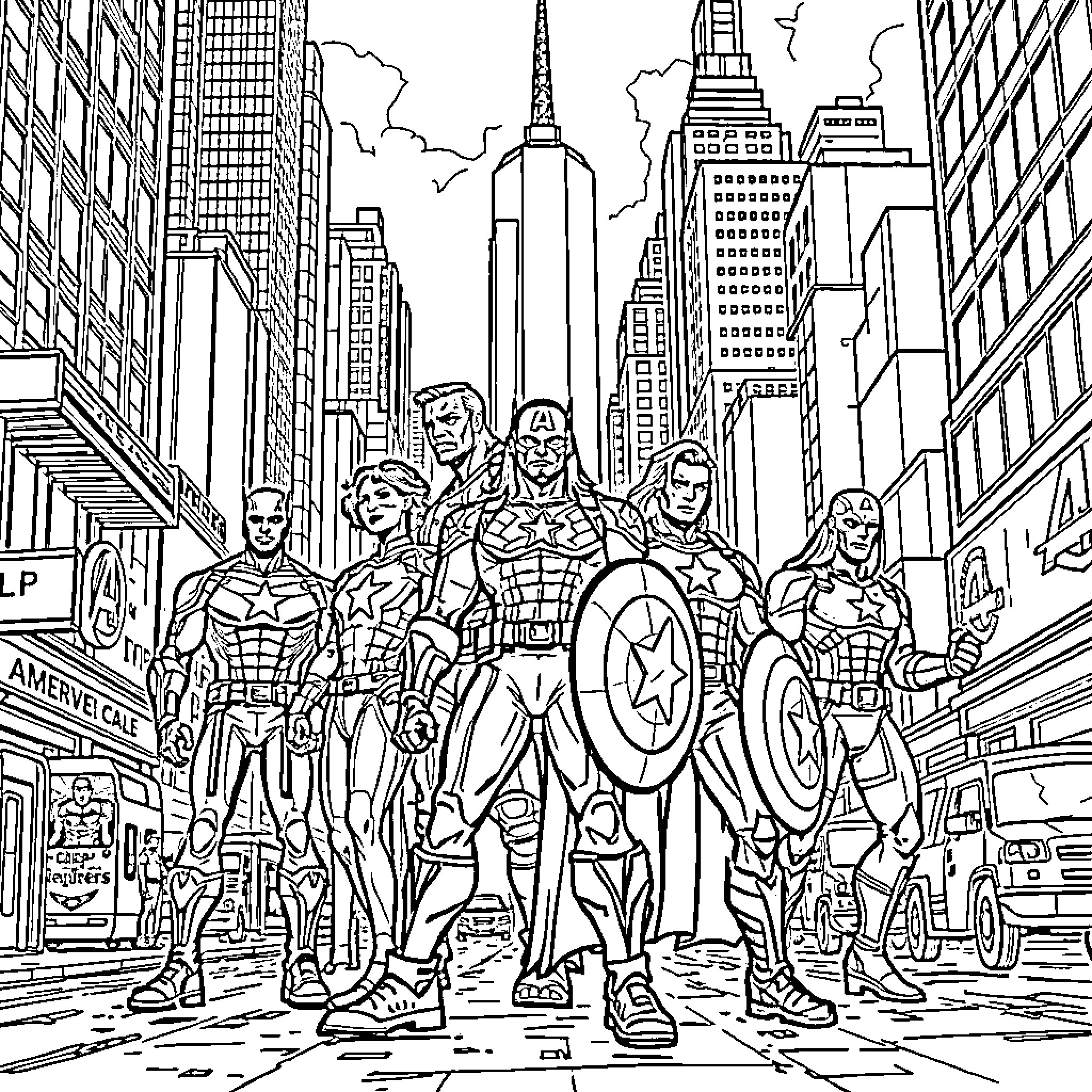 Avenger Team Assembling in the Bustling City Coloring Page (free black-and-white line drawing printable PDF for all, from beginners to advanced learners, including children, teens, adults, and seniors)