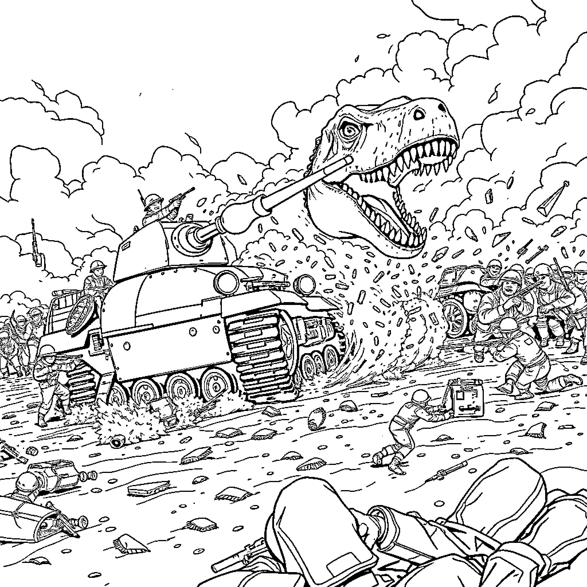 T-Rex Rampaging Through Battlefield with Tanks and Soldiers Coloring Page (free black-and-white line drawing printable PDF for all, from beginners to advanced learners, including children, teens, adults, and seniors)