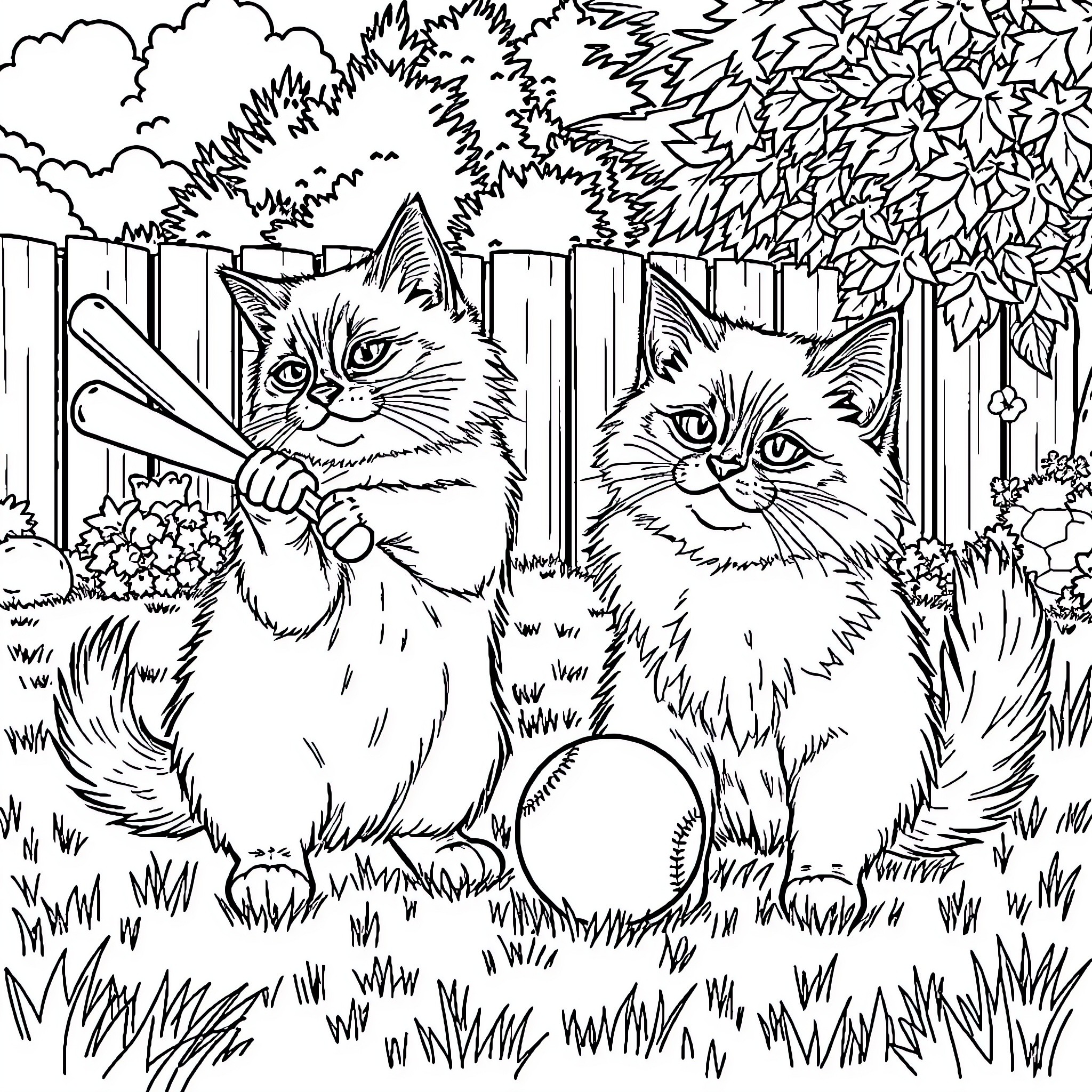 Cat companions in the garden Coloring Page (free black-and-white line drawing printable PDF for all, from beginners to advanced learners, including children, teens, adults, and seniors)