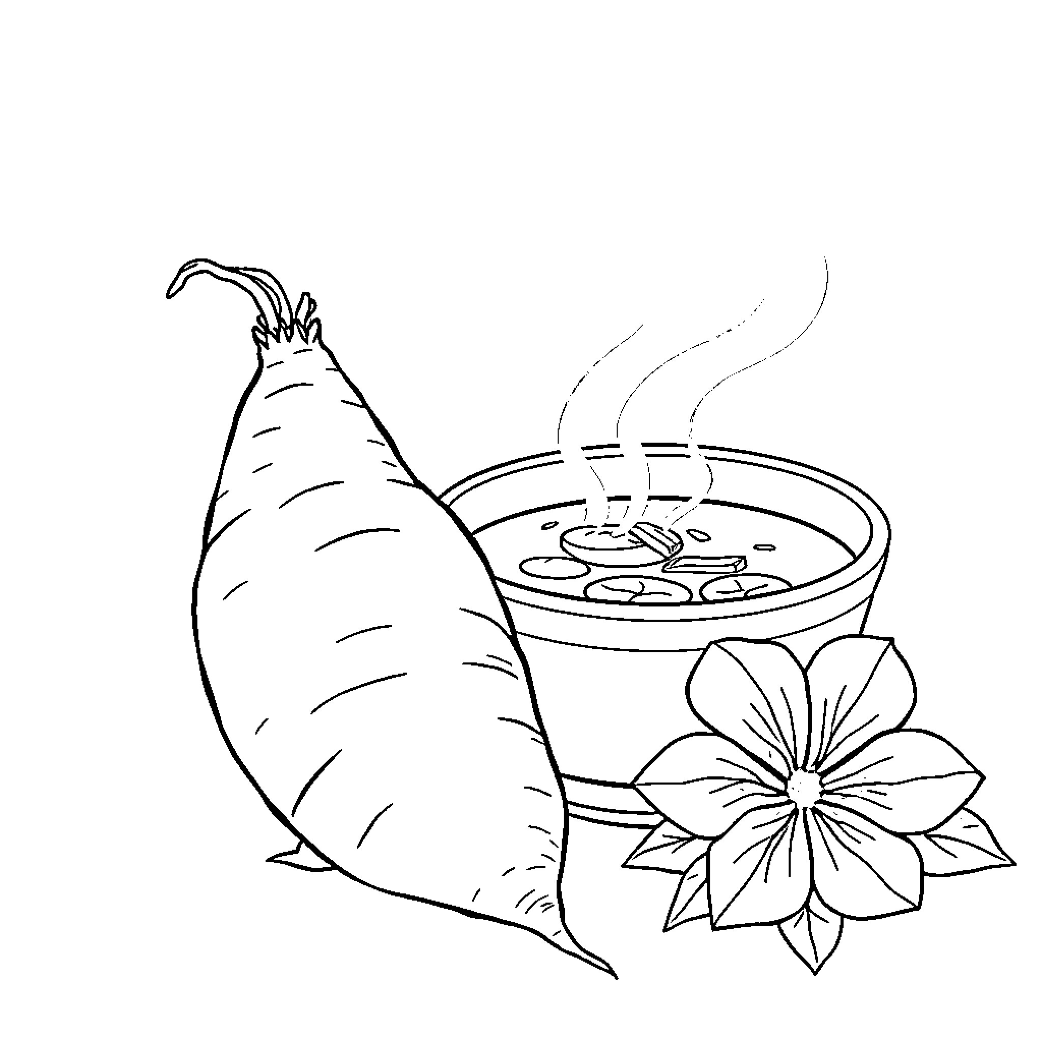 Yam Dish with Floral Garnish Coloring Page (free black-and-white line drawing printable PDF for all, from beginners to advanced learners, including children, teens, adults, and seniors)