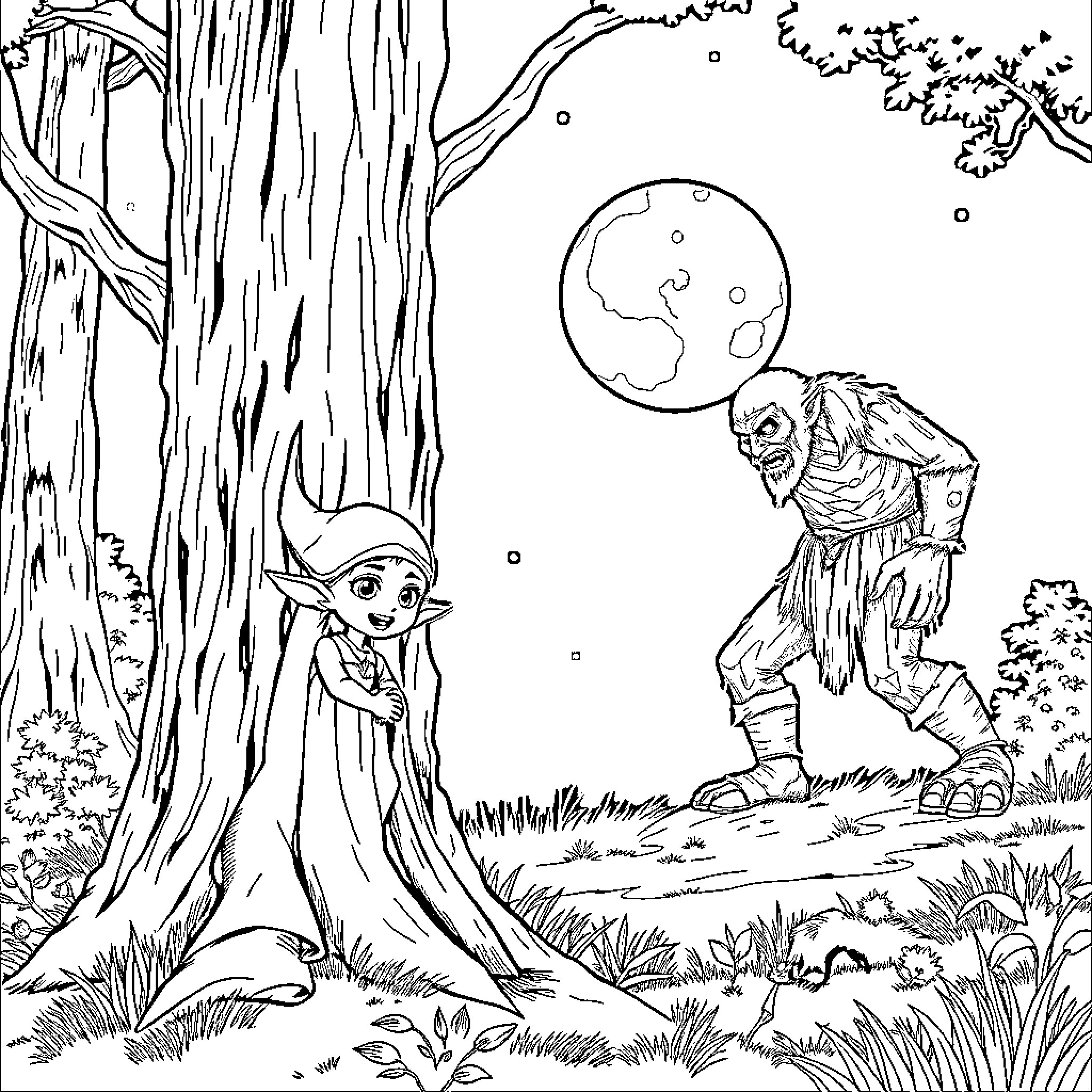 Moon Elf Peering at Mysterious Forest Creature Coloring Page (free black-and-white line drawing printable PDF for all, from beginners to advanced learners, including children, teens, adults, and seniors)