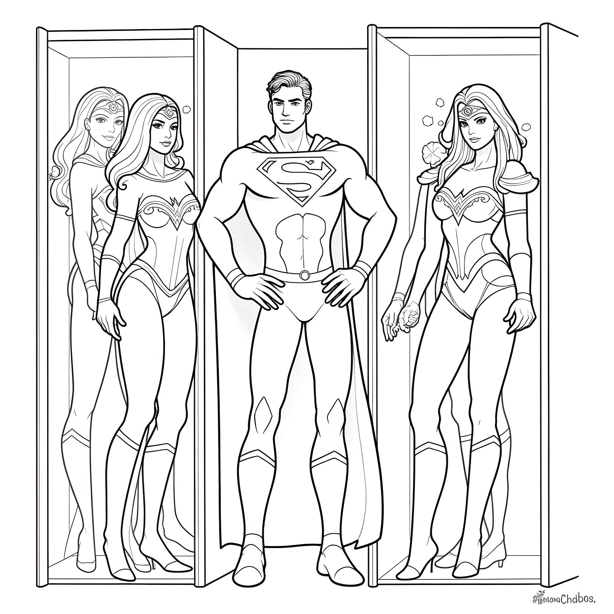 Superman between two heroic women in costumes Coloring Page (free black-and-white line drawing printable PDF for all, from beginners to advanced learners, including children, teens, adults, and seniors)