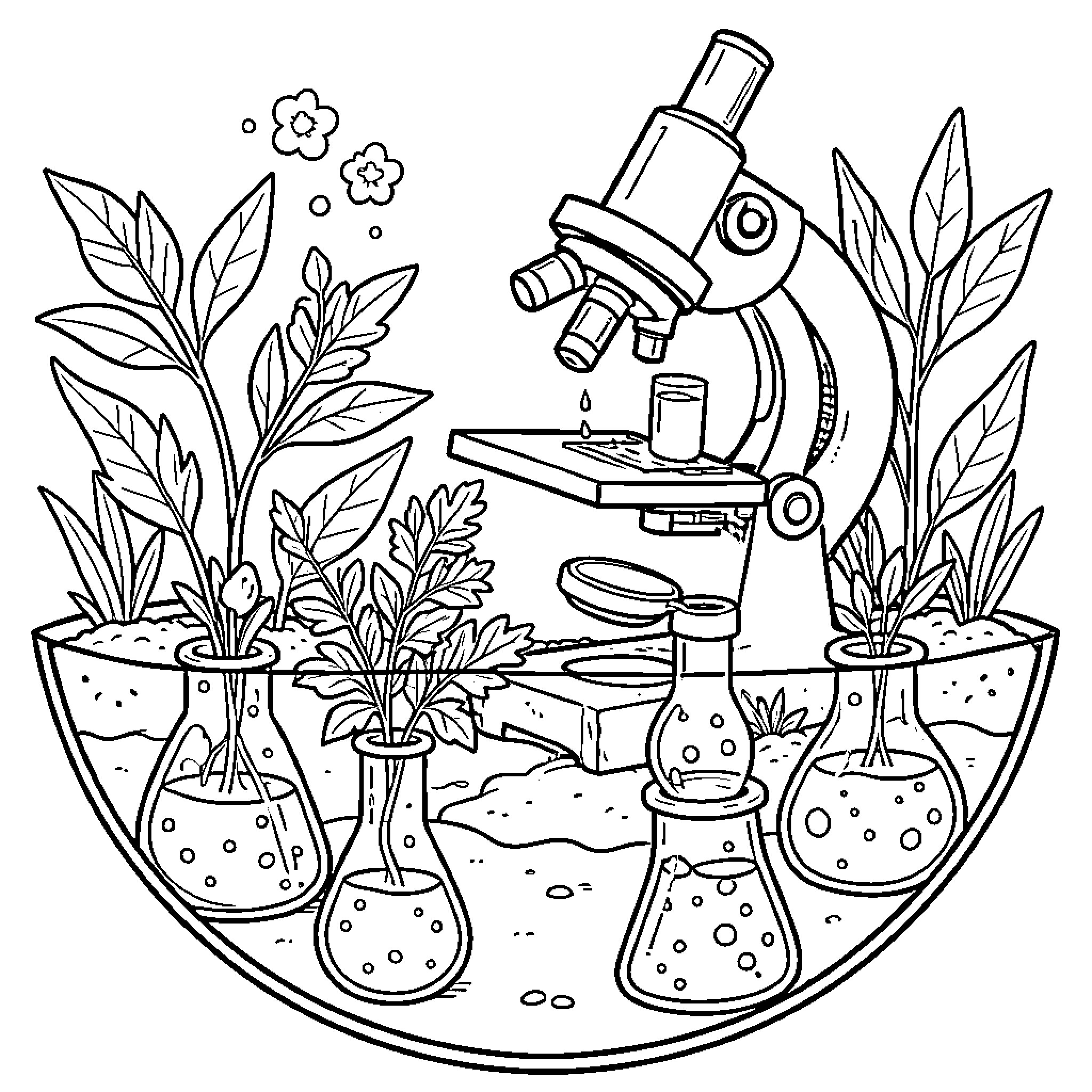 Microscope examining plant specimens in a laboratory setting Coloring Page (free black-and-white line drawing printable PDF for all, from beginners to advanced learners, including children, teens, adults, and seniors)