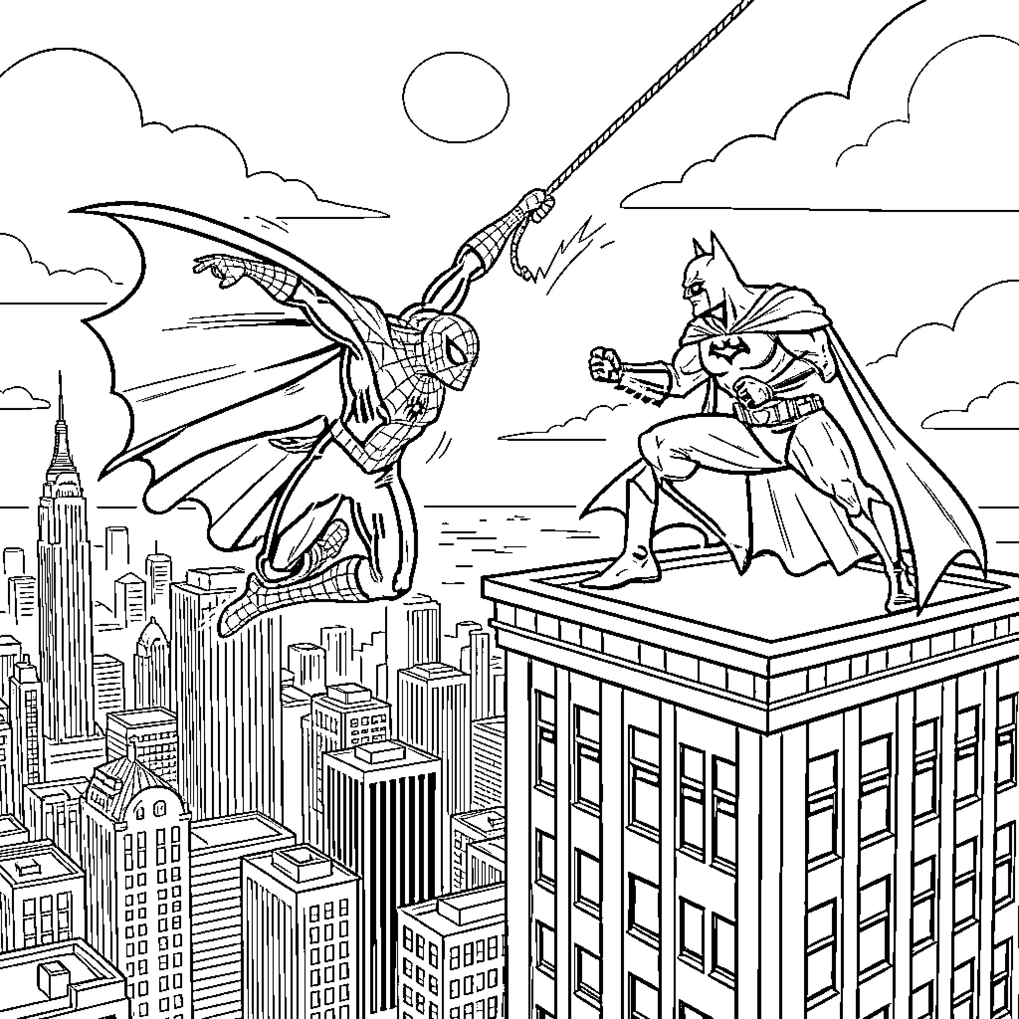 Spiderman swinging through the city skyline near Batman Coloring Page (free black-and-white line drawing printable PDF for all, from beginners to advanced learners, including children, teens, adults, and seniors)