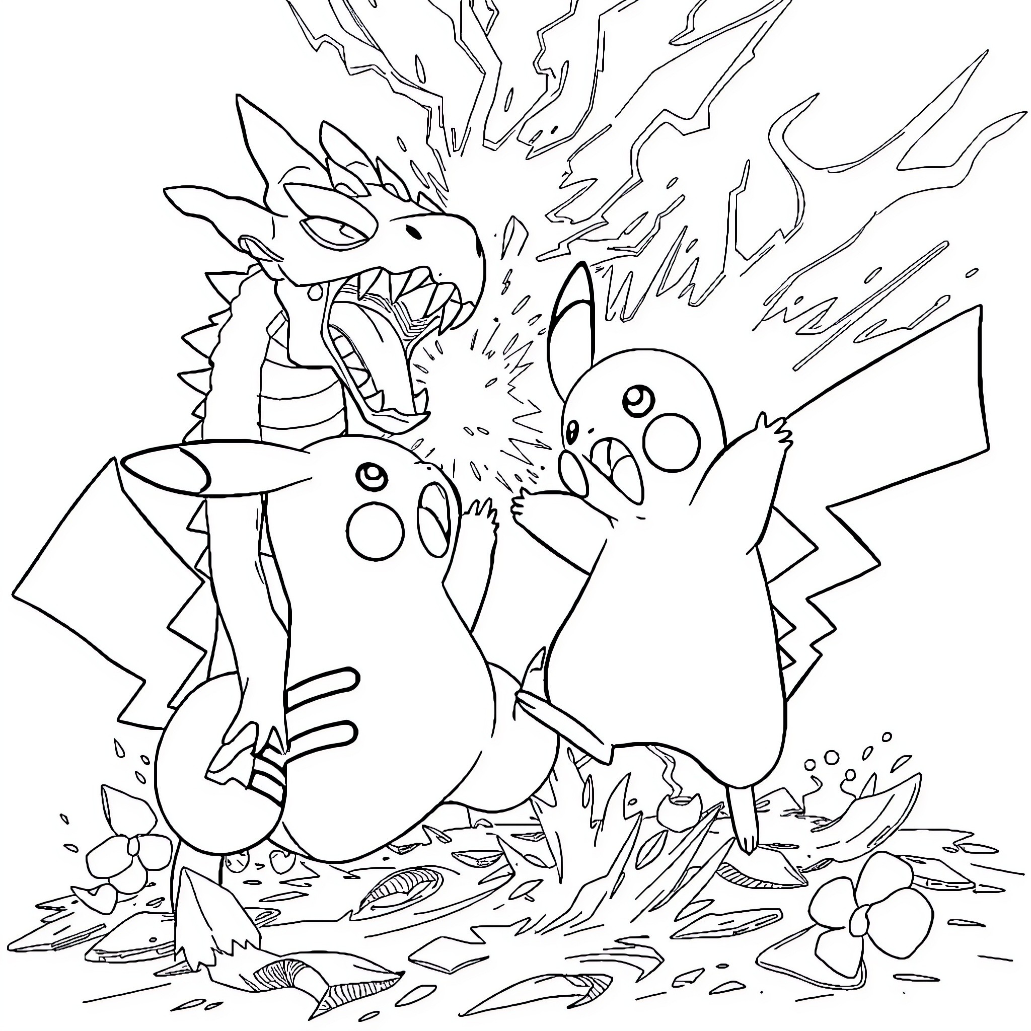 Pikachu facing off against a fierce dragon-like Pokemon Coloring Page (free black-and-white line drawing printable PDF for all, from beginners to advanced learners, including children, teens, adults, and seniors)