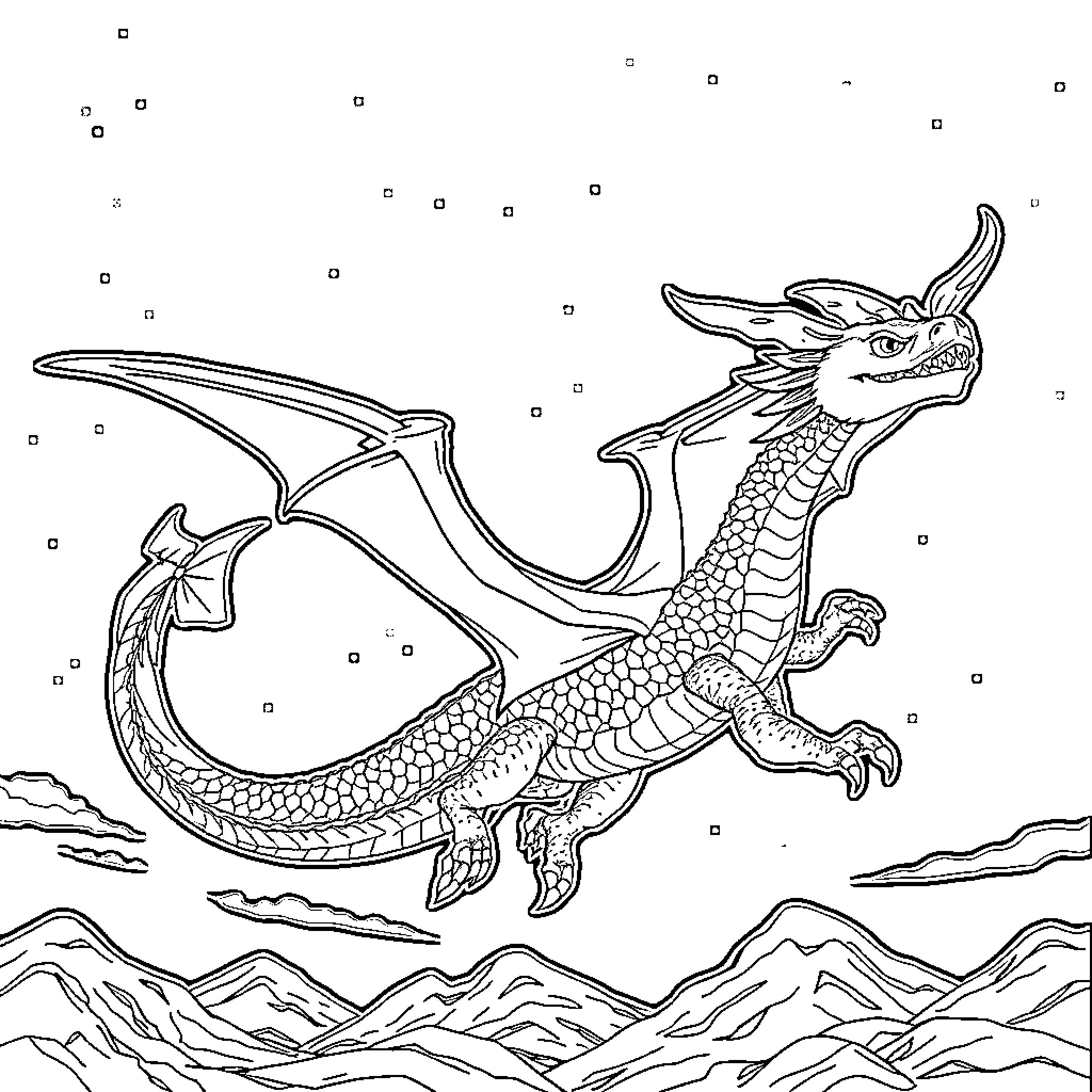 Dragon soaring over majestic mountains Coloring Page (free black-and-white line drawing printable PDF for all, from beginners to advanced learners, including children, teens, adults, and seniors)