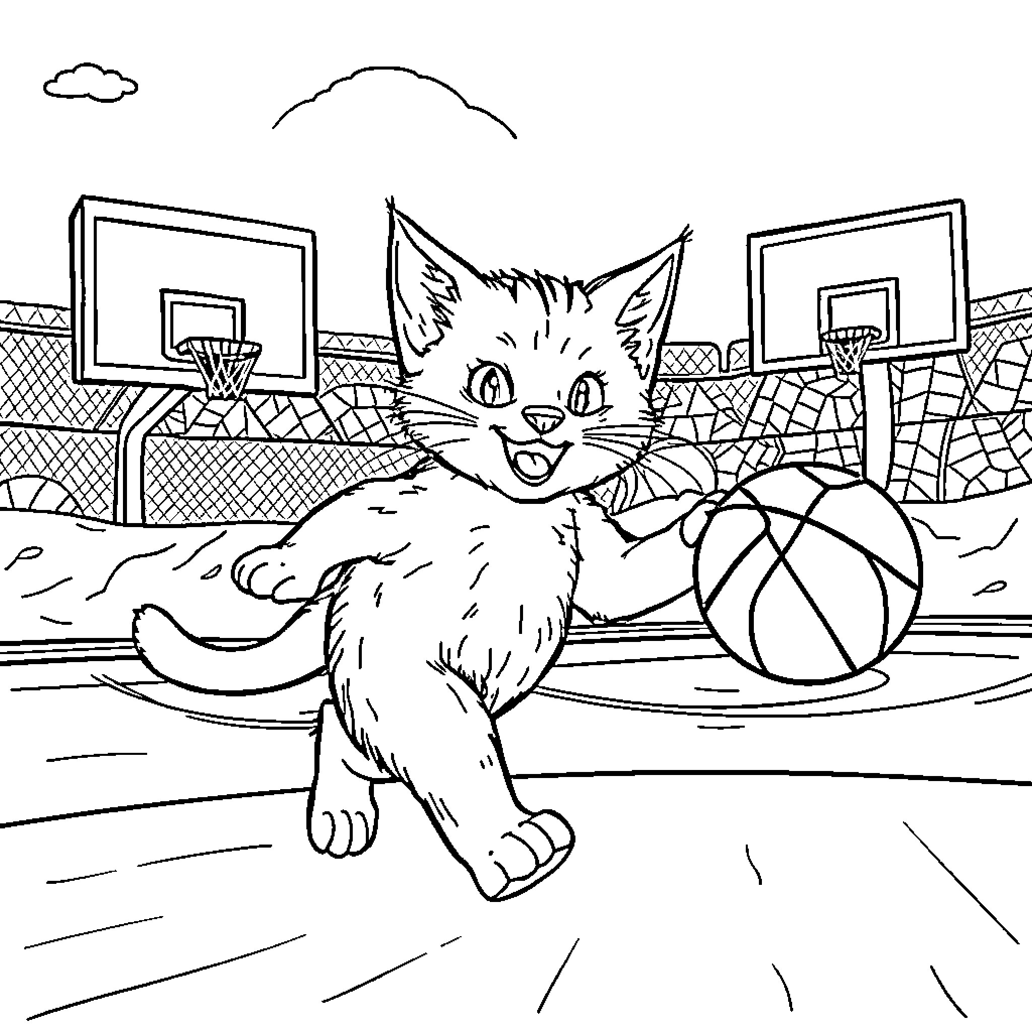 Cat playing with basketball on court Coloring Page (free black-and-white line drawing printable PDF for all, from beginners to advanced learners, including children, teens, adults, and seniors)