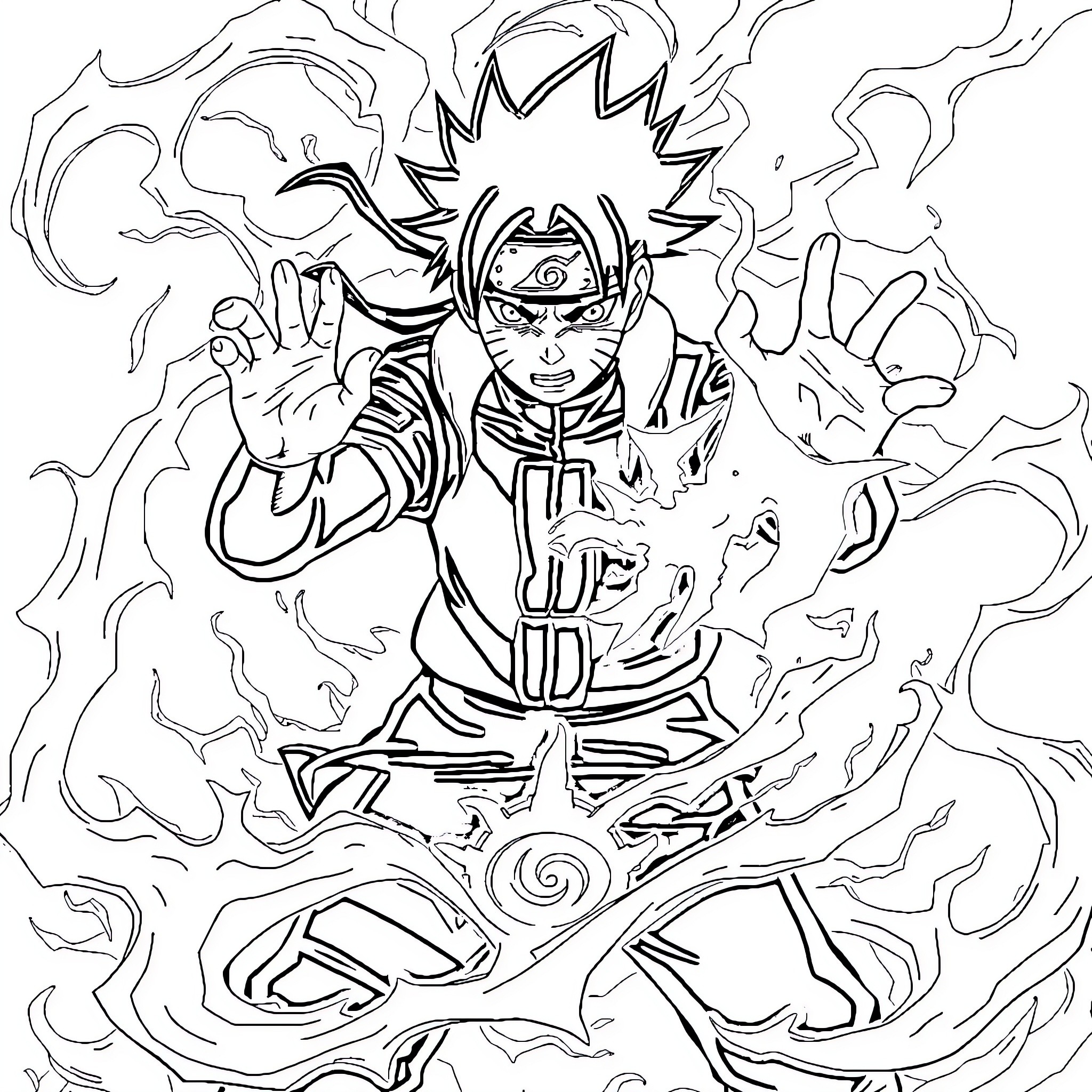 Naruto's Powerful Ninja Transformation Coloring Page (free black-and-white line drawing printable PDF for all, from beginners to advanced learners, including children, teens, adults, and seniors)
