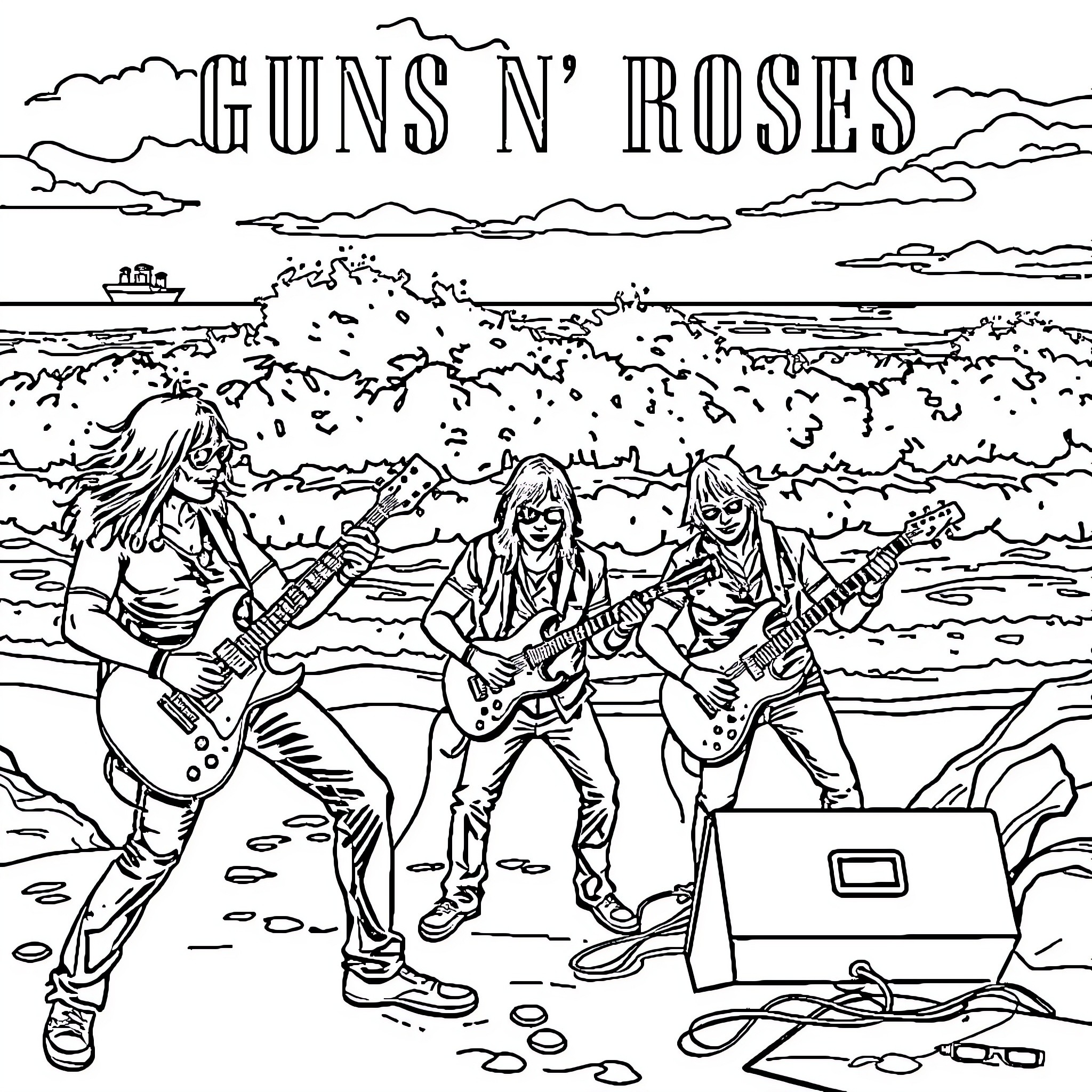 Guns N' Roses performing on the beach Coloring Page (free black-and-white line drawing printable PDF for all, from beginners to advanced learners, including children, teens, adults, and seniors)
