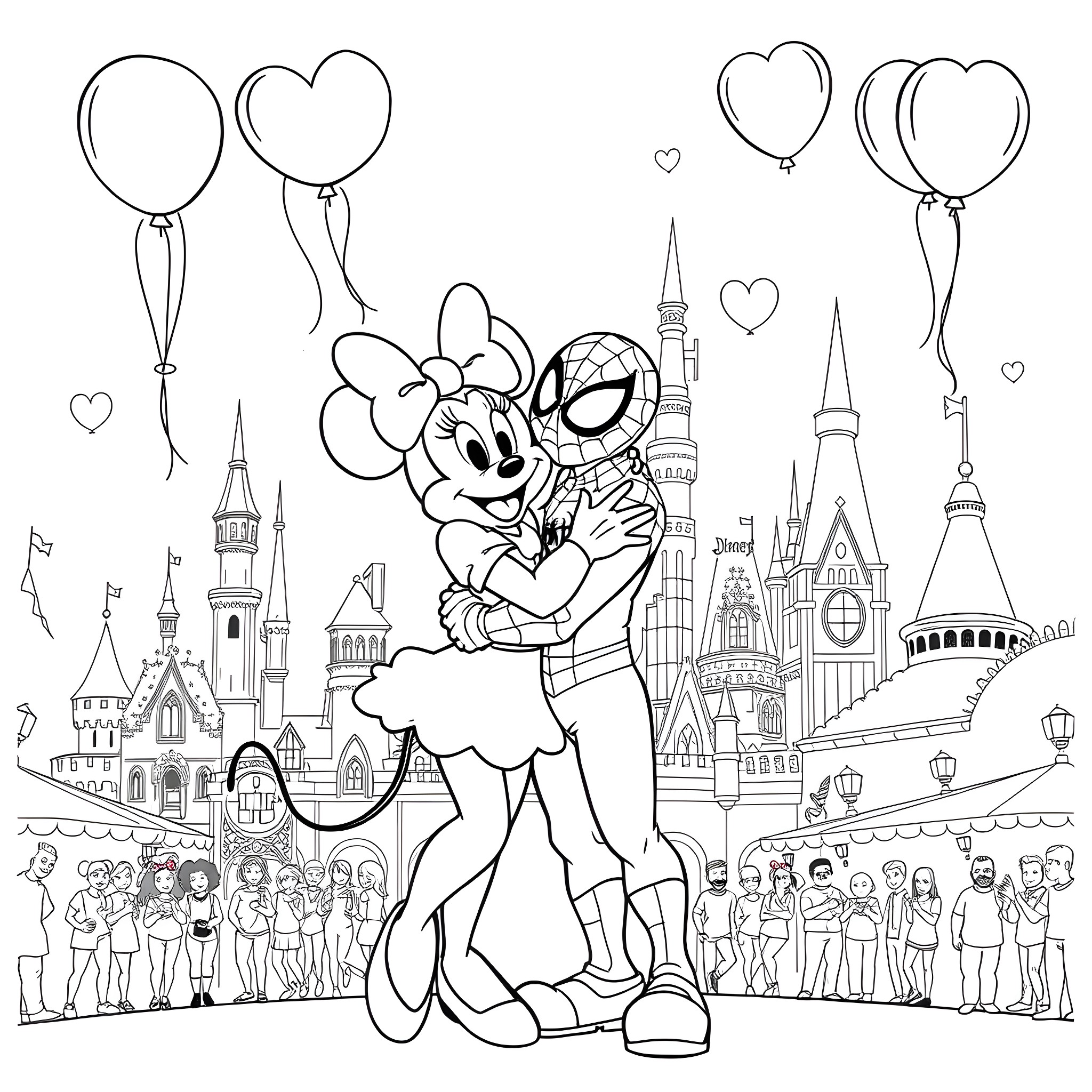 Minnie Mouse and Spider-Man embracing in front of iconic landmarks Coloring Page (free black-and-white line drawing printable PDF for all, from beginners to advanced learners, including children, teens, adults, and seniors)