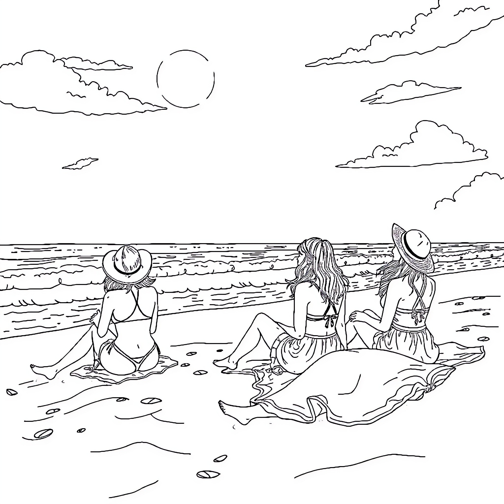 Women enjoying the beach on a sunny day Coloring Page (free black-and-white line drawing printable PDF for all, from beginners to advanced learners, including children, teens, adults, and seniors)